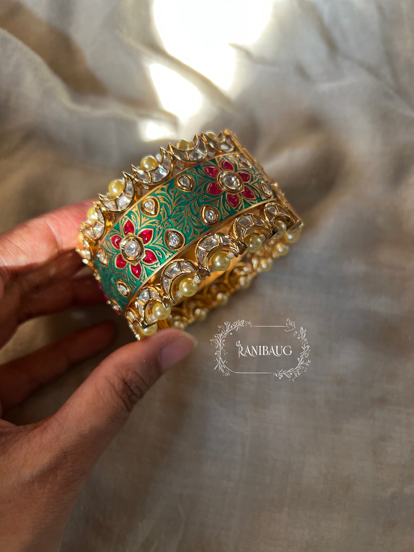 Rajasi Meenakari Gold Enamel Floral Vines Polki Studded Bangle For Festive Occasions By Ranibaug