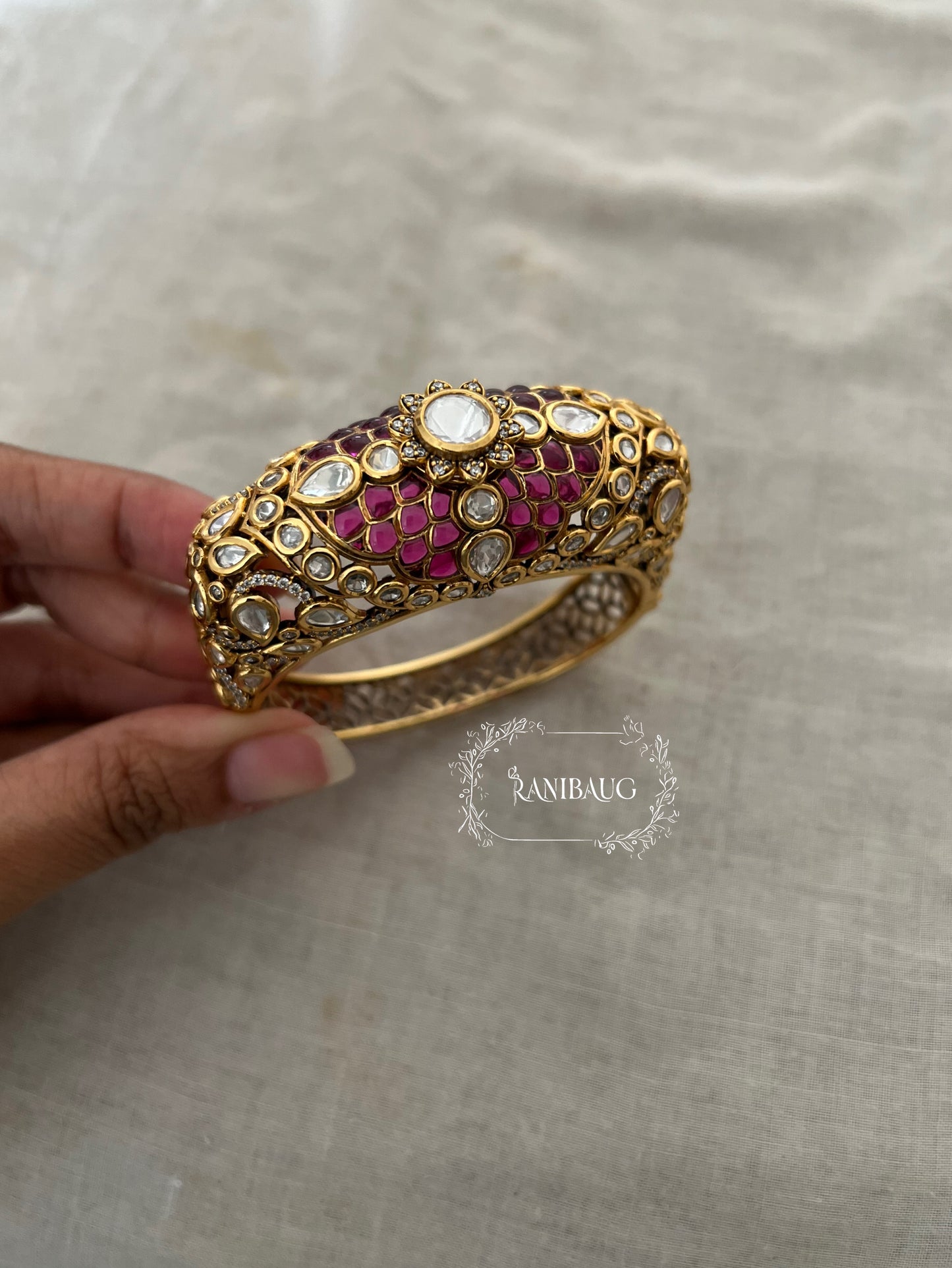 Rajrani Gold Finish Polki Studded Floral Designer Enamel Work Royal Bangle Jewelry By Ranibaug