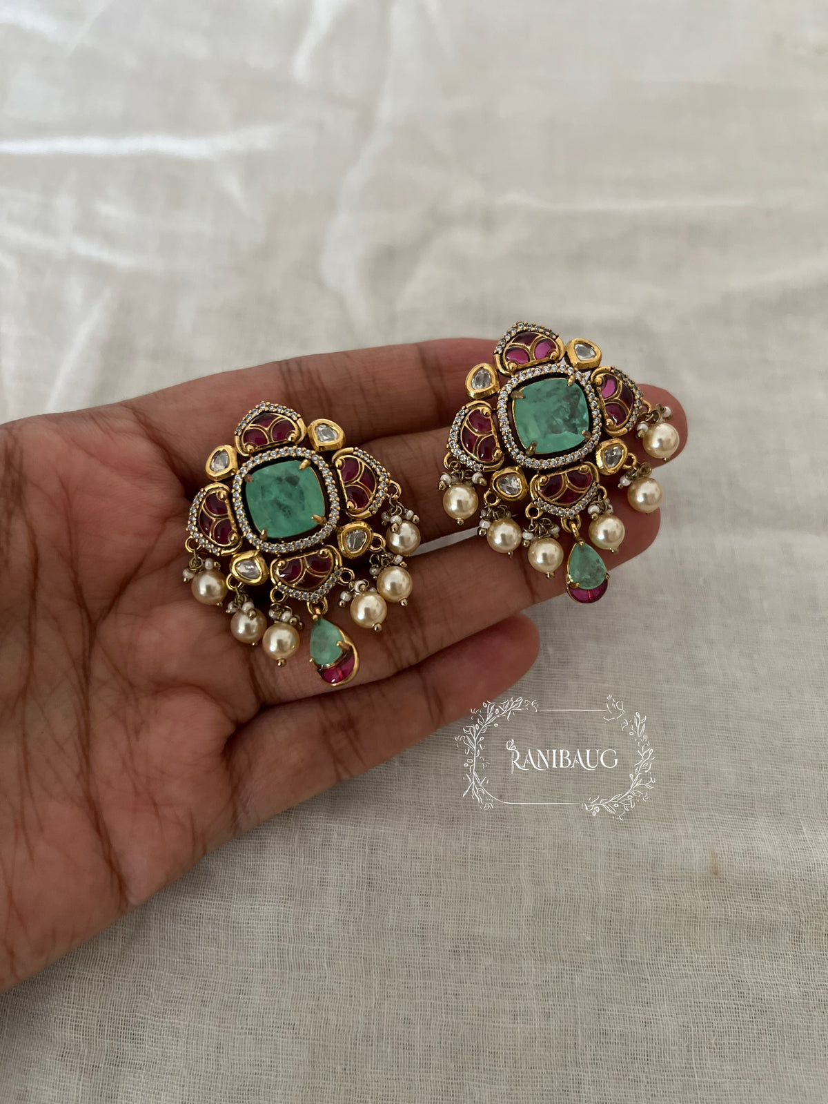 Rajshree Polki Pearl Mint Stud Earrings By Ranibaug