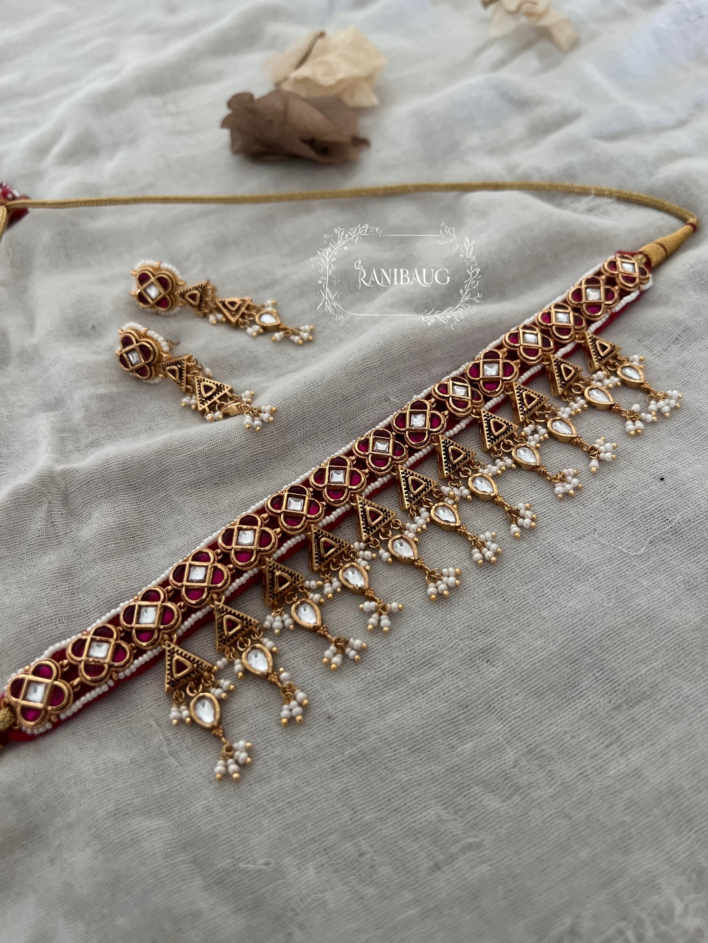 Raktima Kunda Studded Mini Pearls Beaded Antique Gold Heritage Choker Necklace By Ranibaug