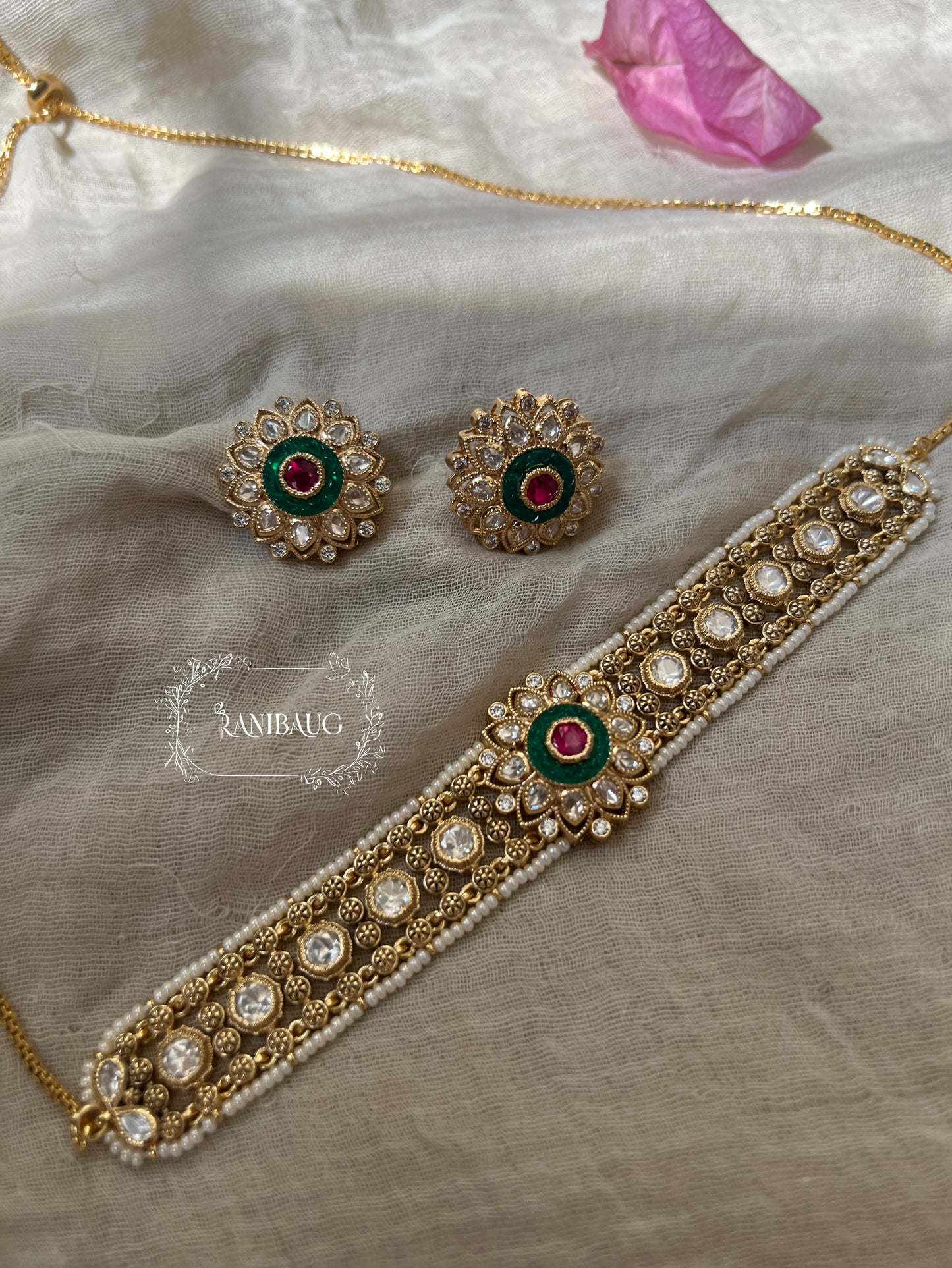 Ramya Kundan Meenakari Floral Motif Gold Plated Choker Set By Ranibaug