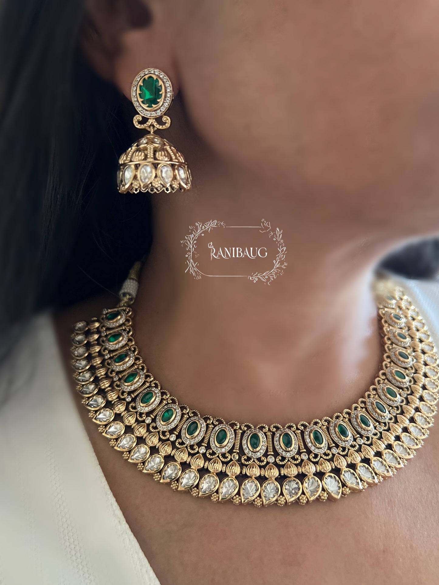 Rashi Round Polki Kundan Studded In Matt Gold Finish With Jhumka Heritage Necklace Set By Ranibaug