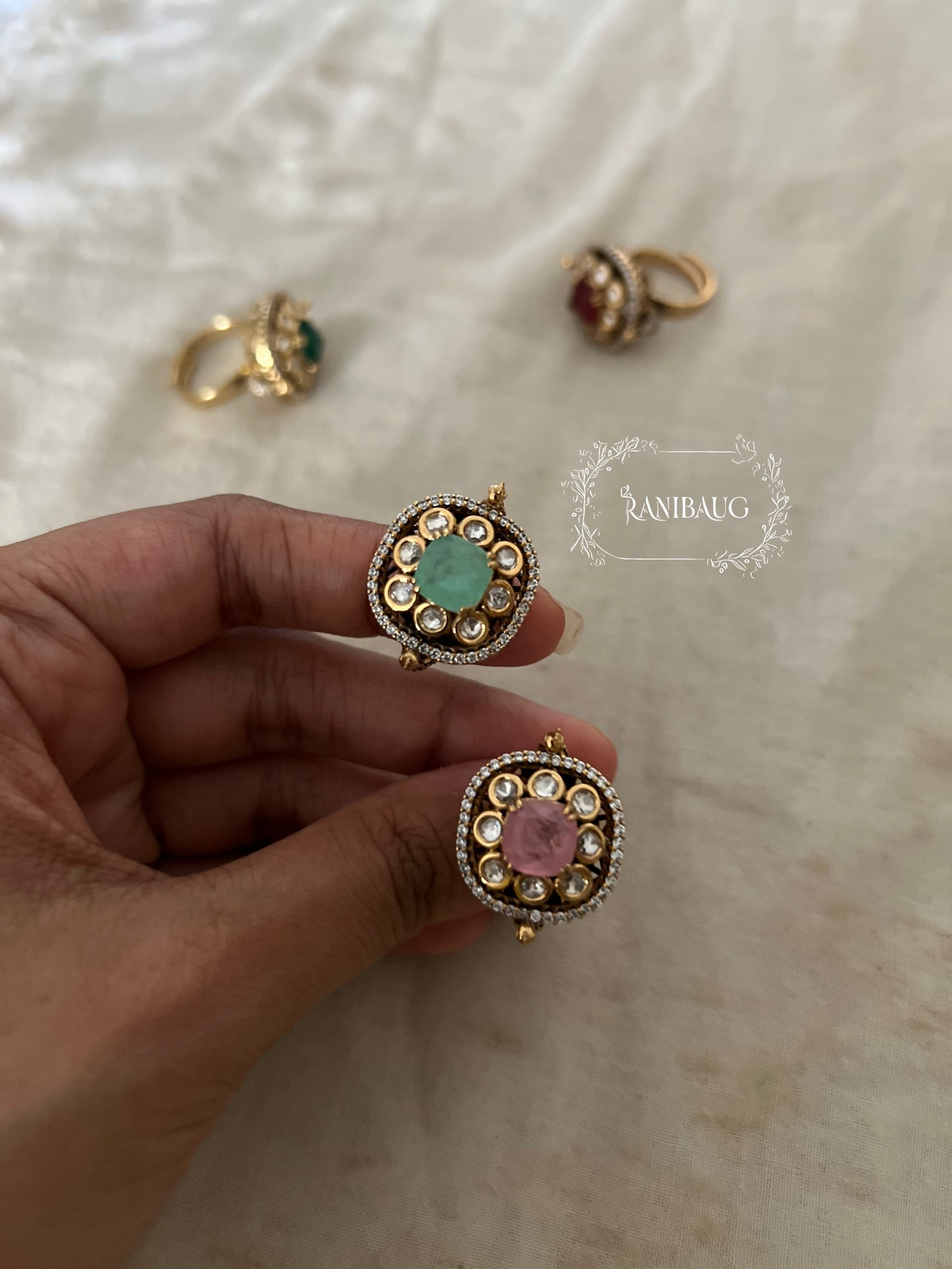 Ratnavali Polki Victorian Finish Gemstone Designer Festive Ring Jewelry By Ranibaug