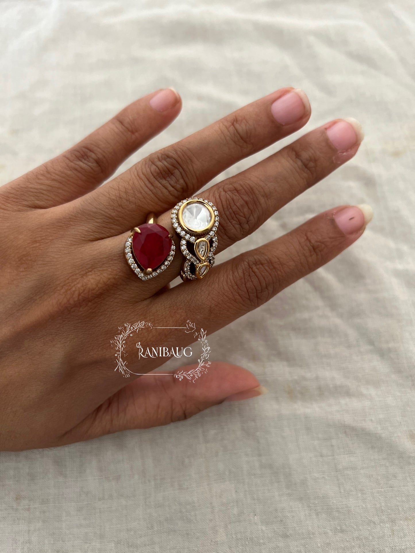 Reva Polki And Teardrop Stone Motif Wrapped Style Finger Ring Jewelry In Rich Gold Finish By Ranibaug