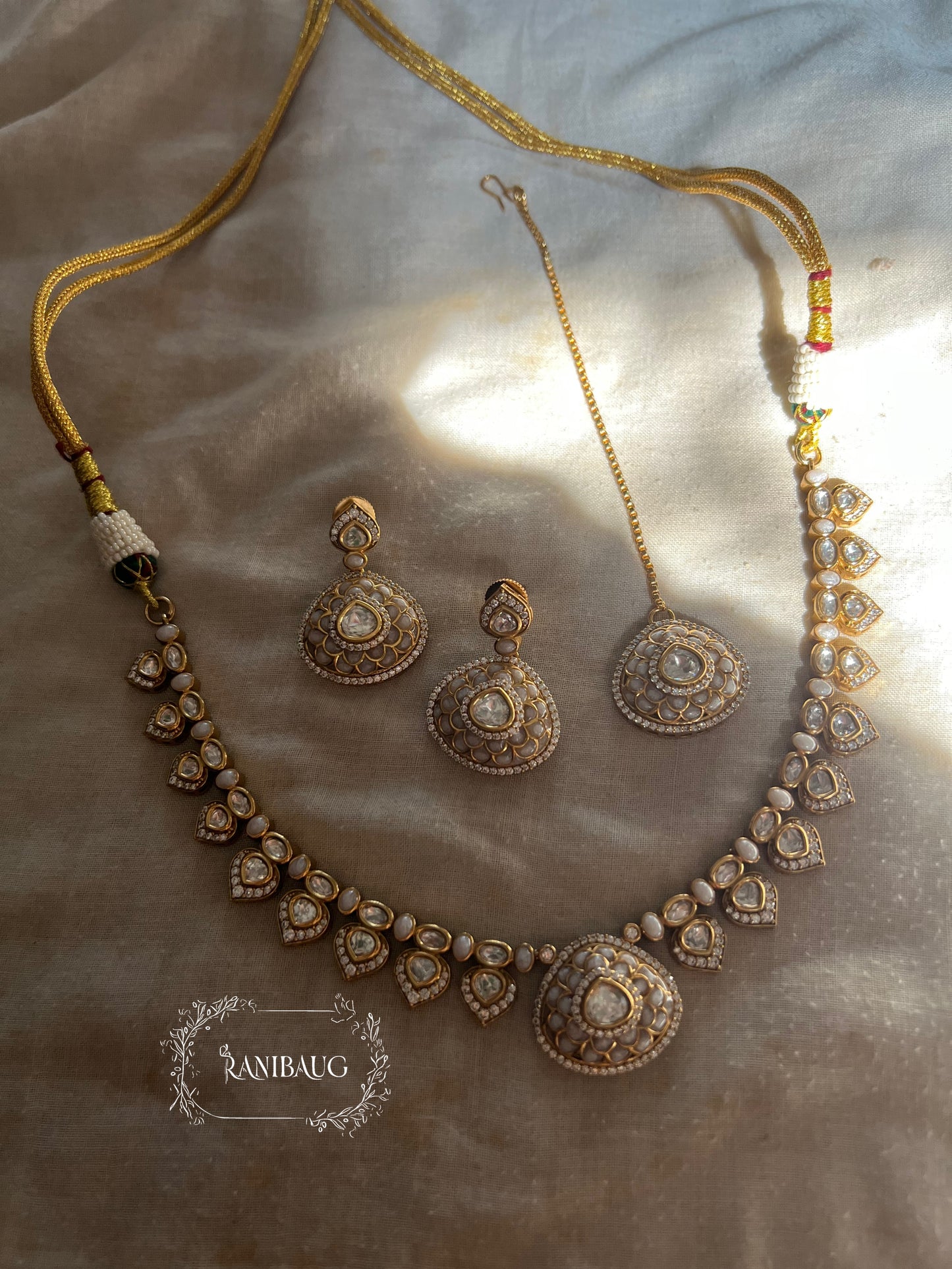 Rhea Heritage Inspired Enamel Polki Gold Finish Necklace Jewellery Set By Ranibaug