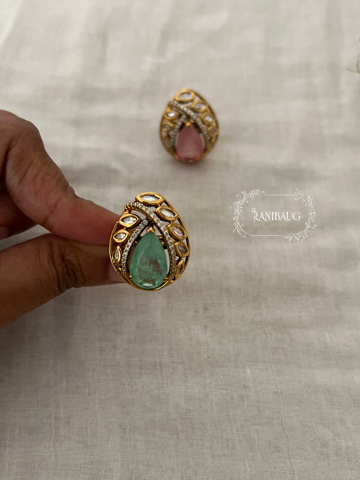 Risha Polki Gold Finish Gem Teardrop Motif Finger Ring By Ranibaug