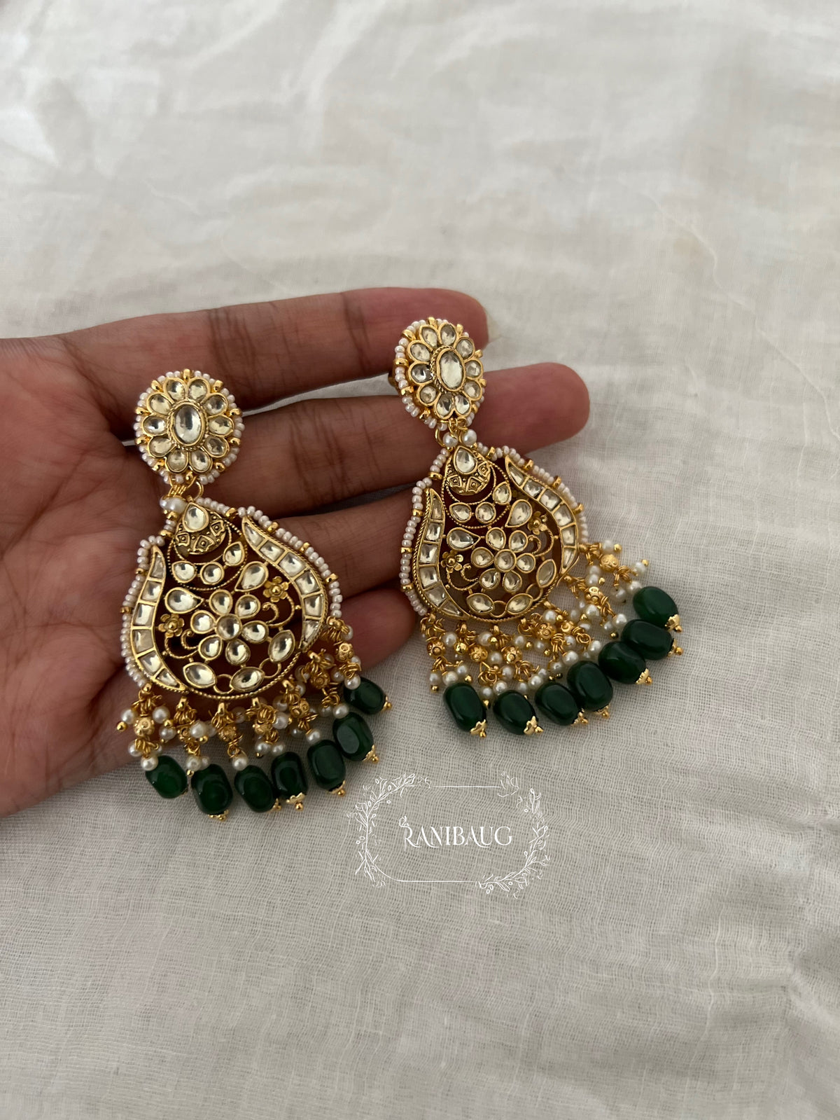 Ritisha Ruby Emerald Gold Tone Polki Meenakari Inspired Festive Chandbali By Ranibaug