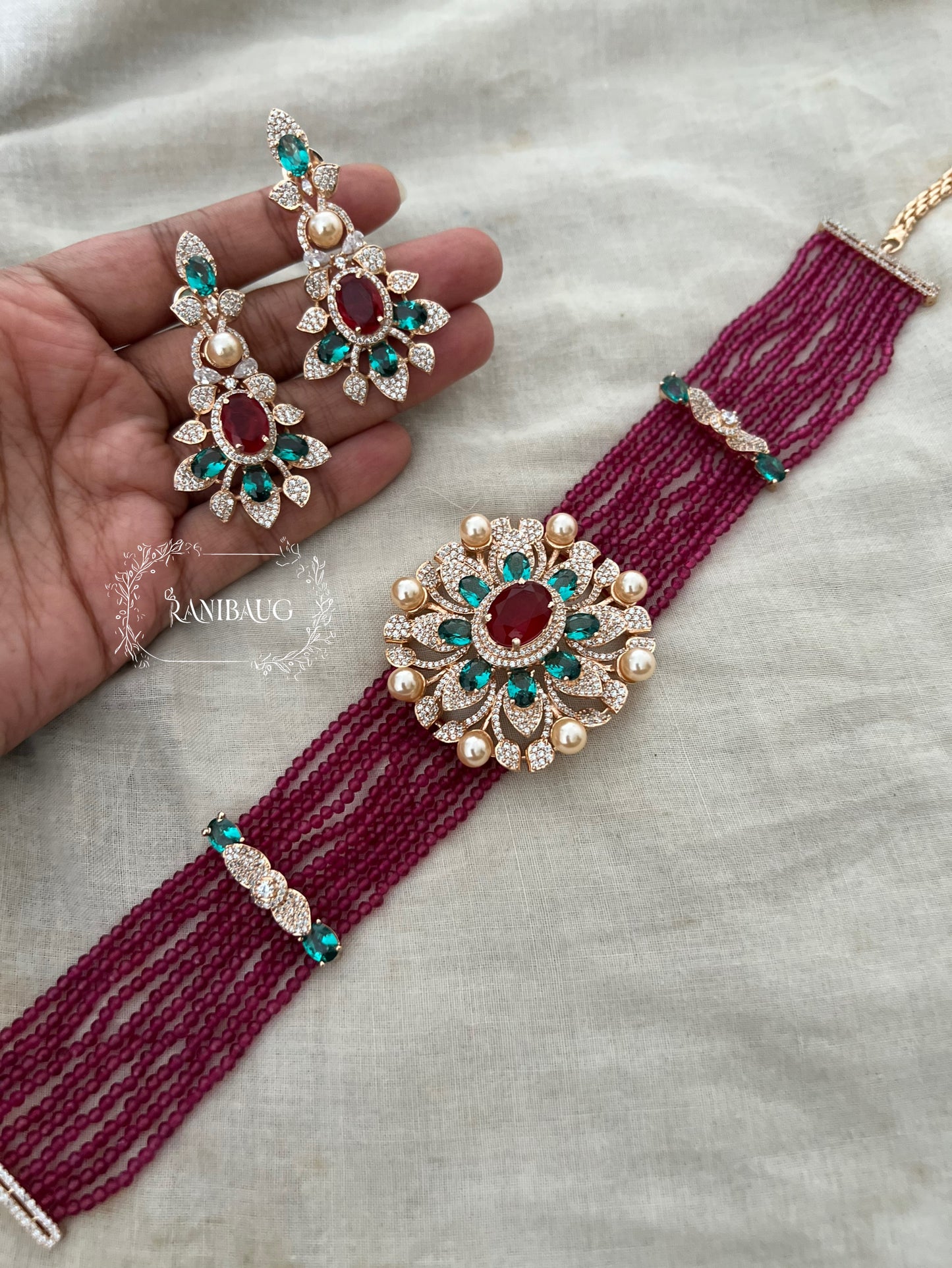 Rosie Traditional Emerald Ruby Beaded Floral Motif Diamond Choker Necklace Set By Ranibaug