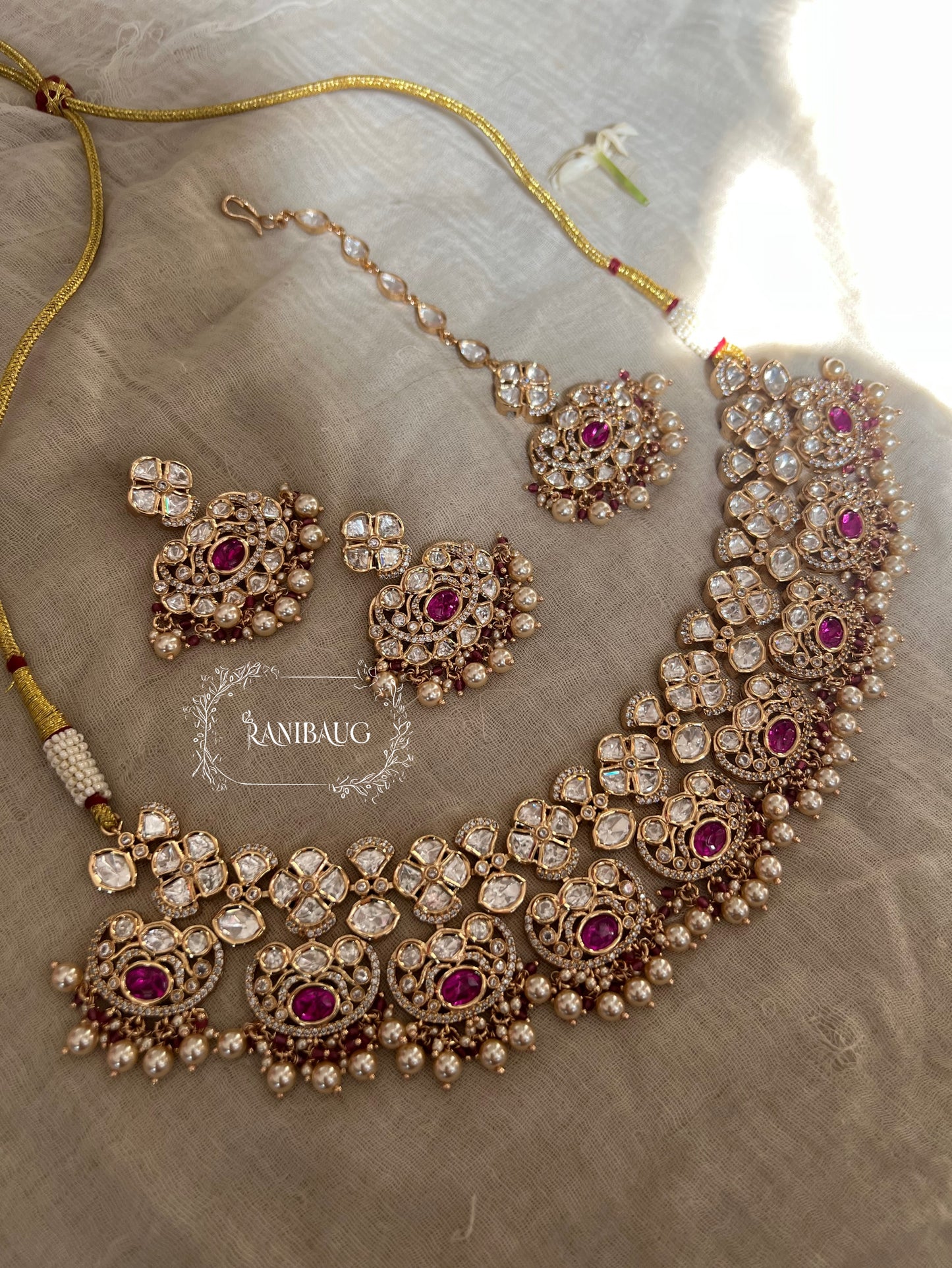 Rubi Mossainite Stone Premium Gold Finish Necklace Set With Maangtikka And Earrings By Ranibaug