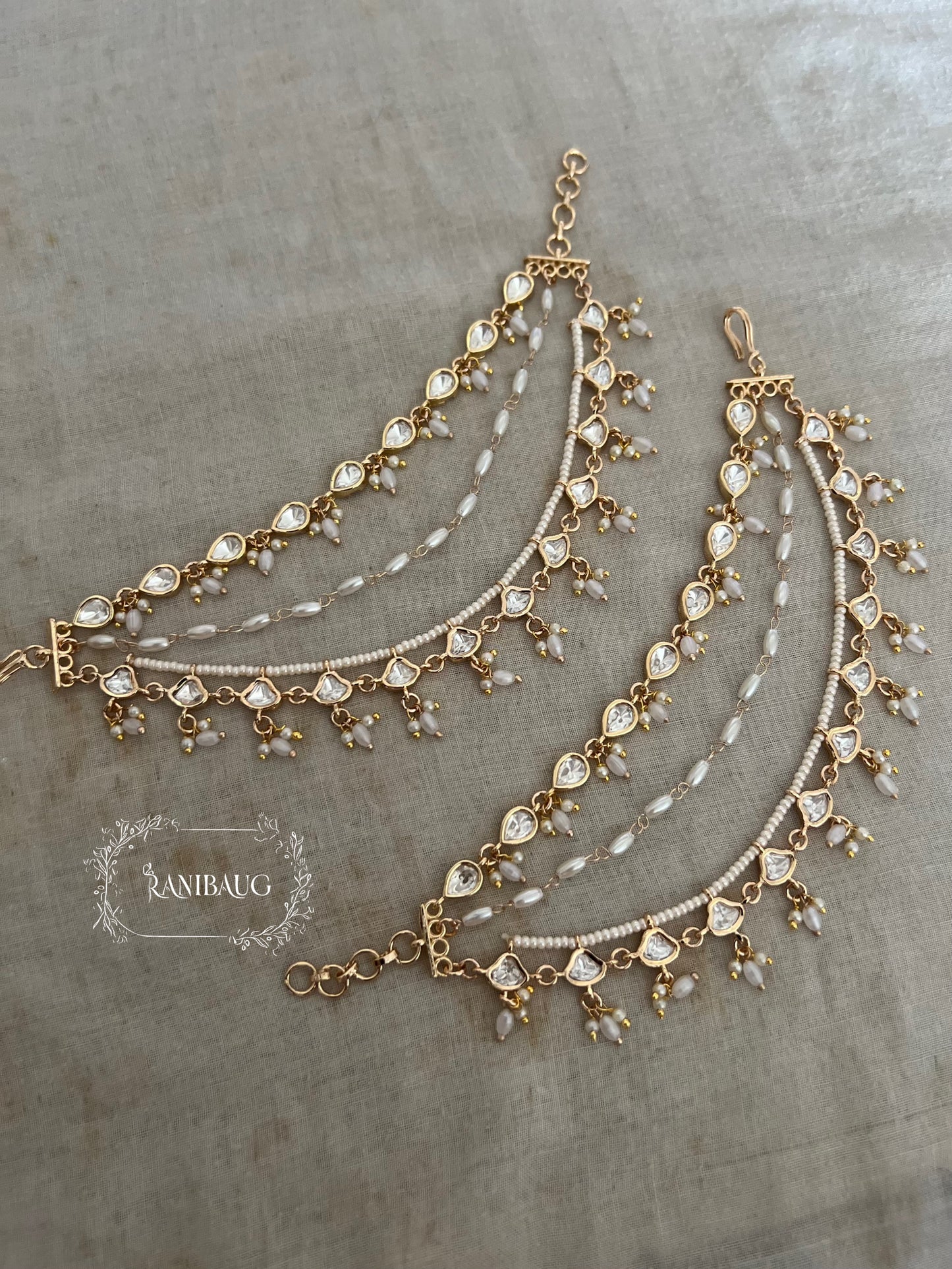 Rubina Gold Finish Polki Kundan Motifs Colored Bead Adorned Ear Chain Jewelry By Ranibaug