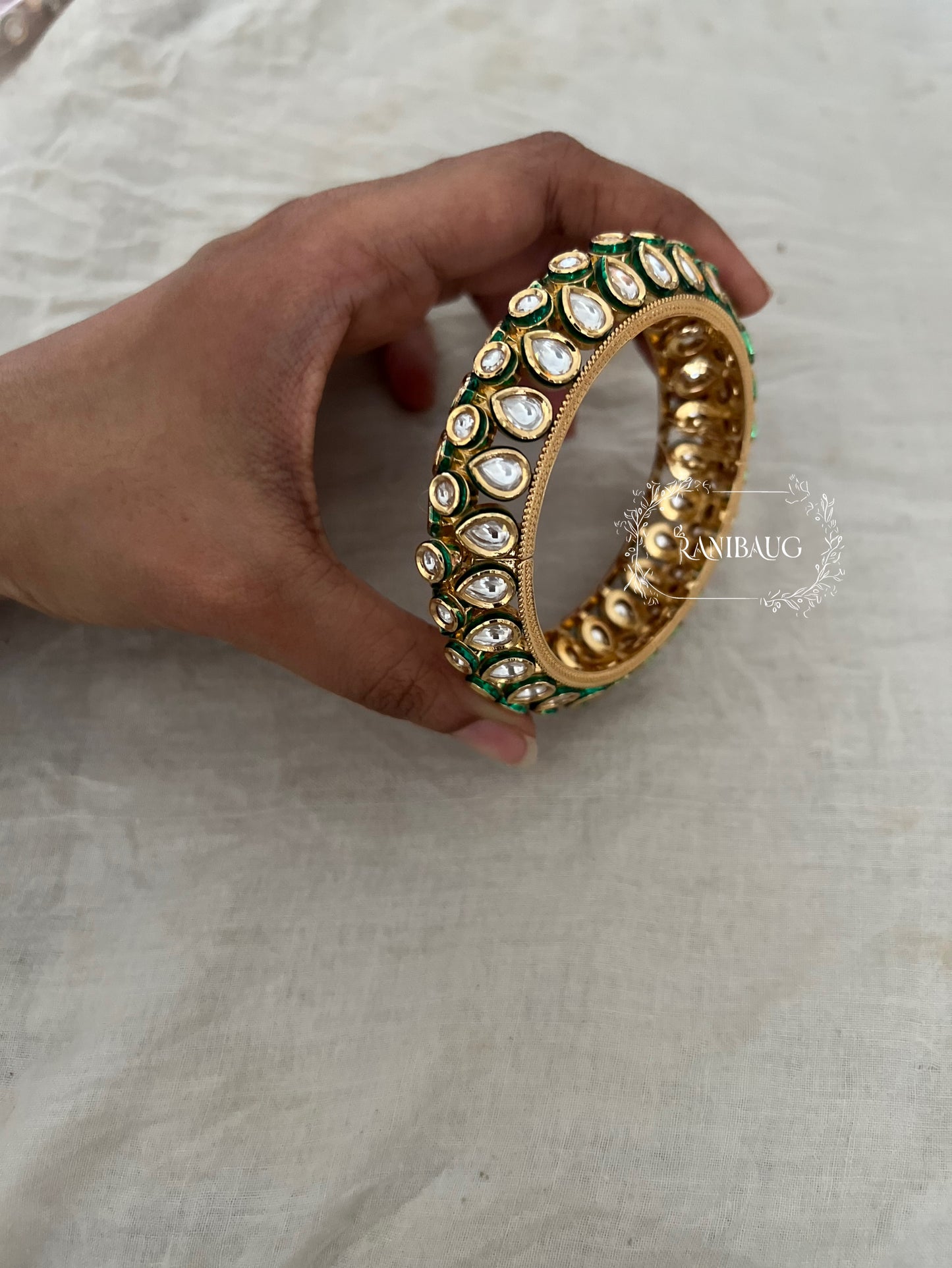 Ruhani Royal Green Kundan Bangles In Premium Gold Plating By Ranibaug
