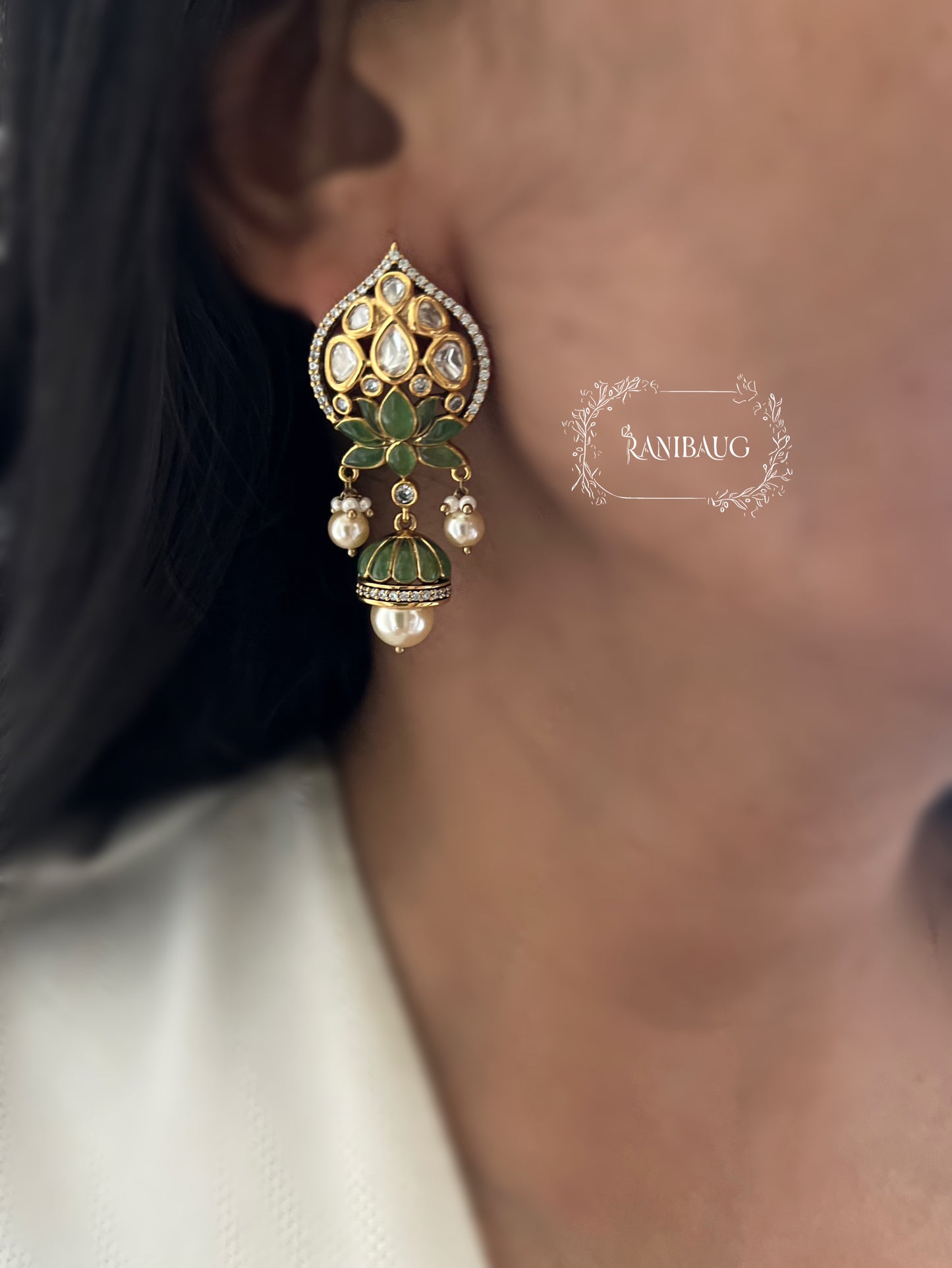 Ruhani Tradtional Indian Lotus Motif Temple Gold Plated Kundan Stud Earrings By Ranibaug