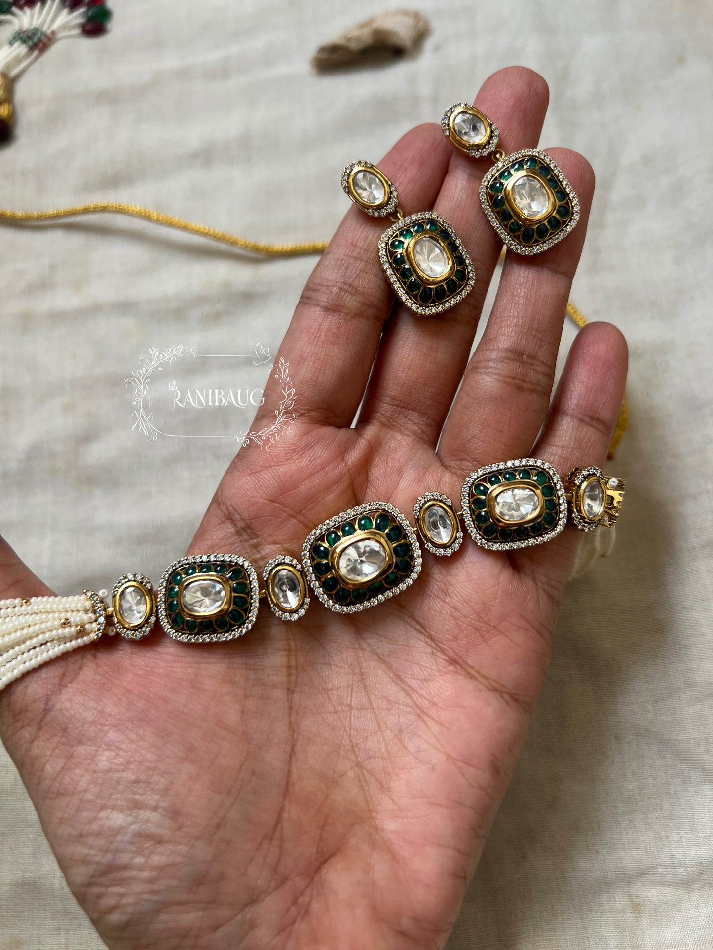 Rukmini Rectangular Motif Mossainite Kundan And Pearl Strands Indian Choker Set By Ranibaug | Trendiest Jewelry Collection 2025 2026