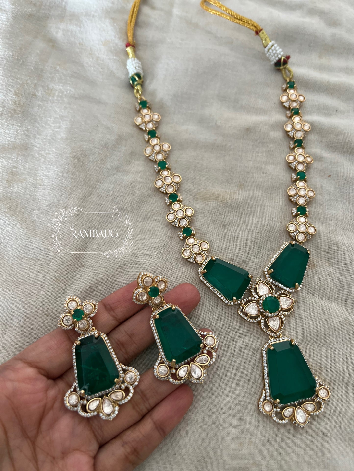 Rumani Emerald Highlight Victorian Medium Long Necklace Jewelry Set By Ranibaug