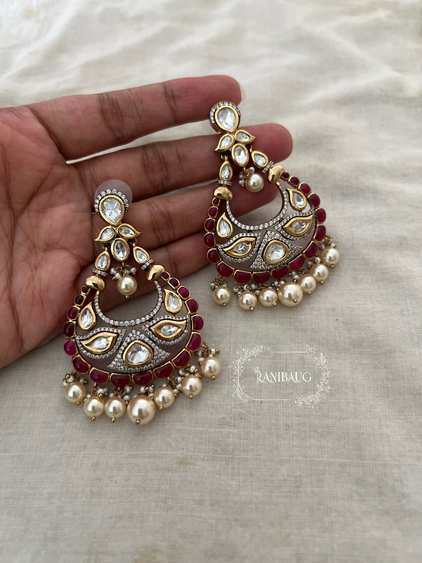 Rushali Red Meenakari Polki Chandbali For Women By Ranibaug