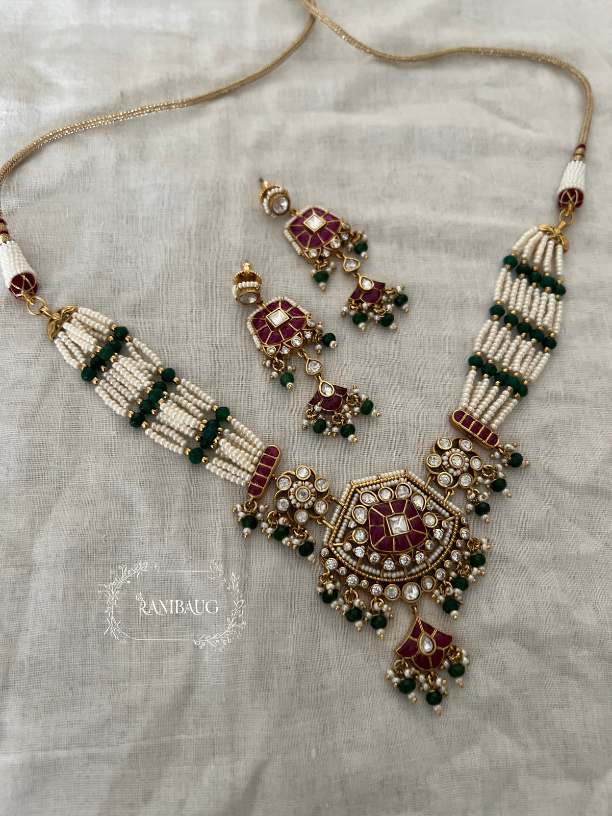 Saanjh Polki Pearl Emerald Ruby Indian Festive Necklace Set By Ranibaug