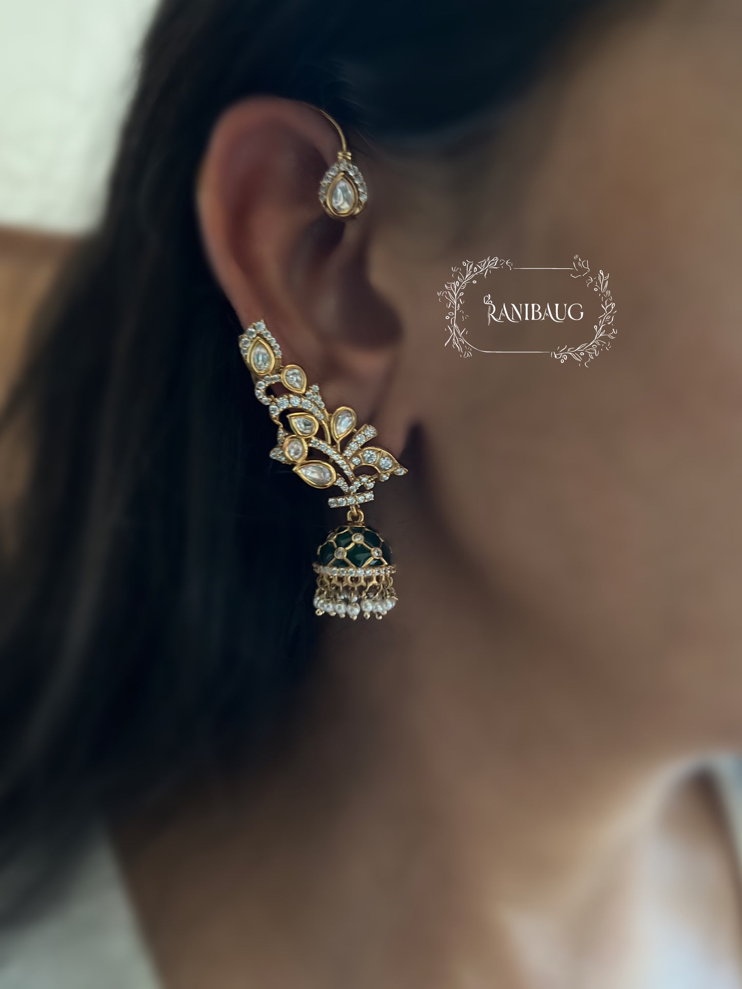 Sabhya Designer Polki Studded Gold Finish Jhumki Earcuff Jewellery By Ranibaug