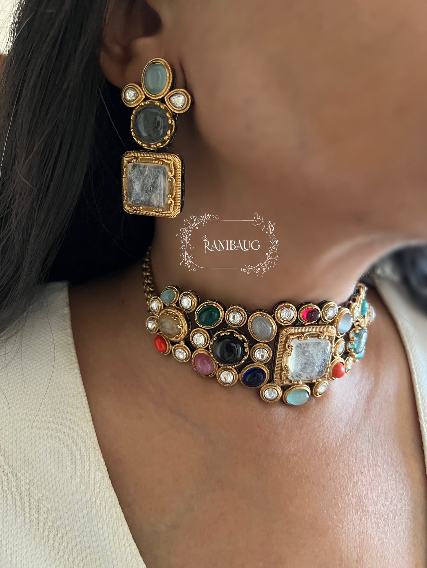 Sabya Shobha Multicolor Polki And Gemstone Studded Choker Set By Ranibaug
