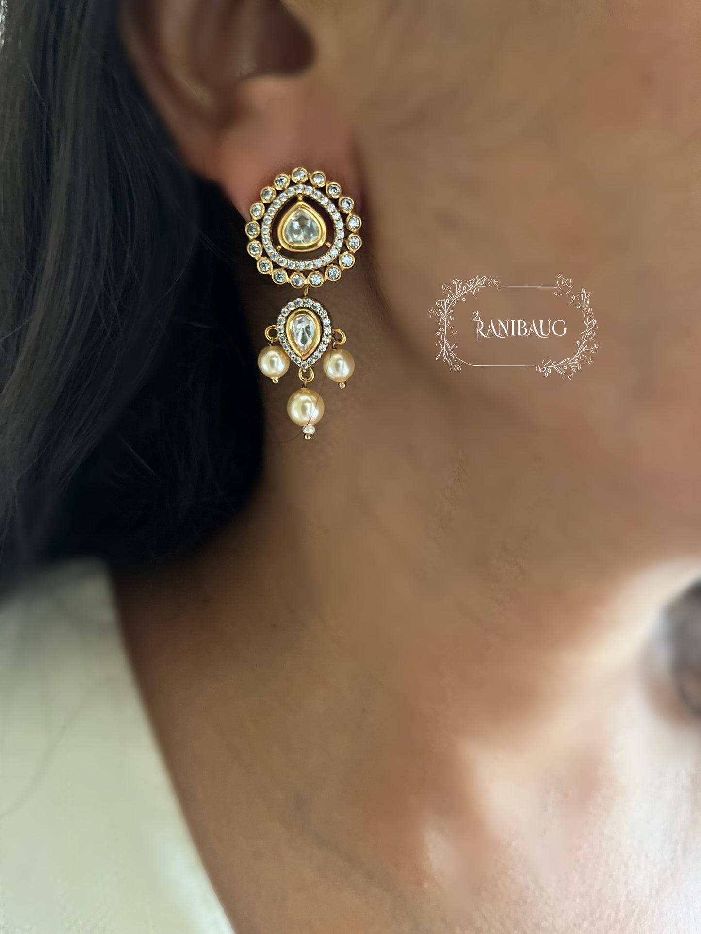 Sadhna Polki Kundan Gold Plated Stud Earrings With Dangling Pearls By Ranibaug