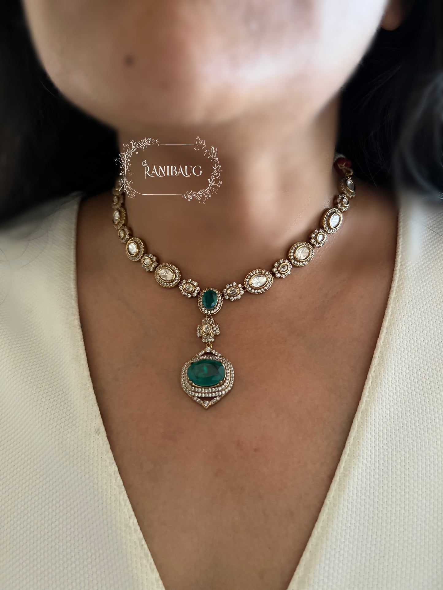 Saira Gemstone And Polki Minimal Gold Finish Jewellery Necklace Set By Ranibaug
