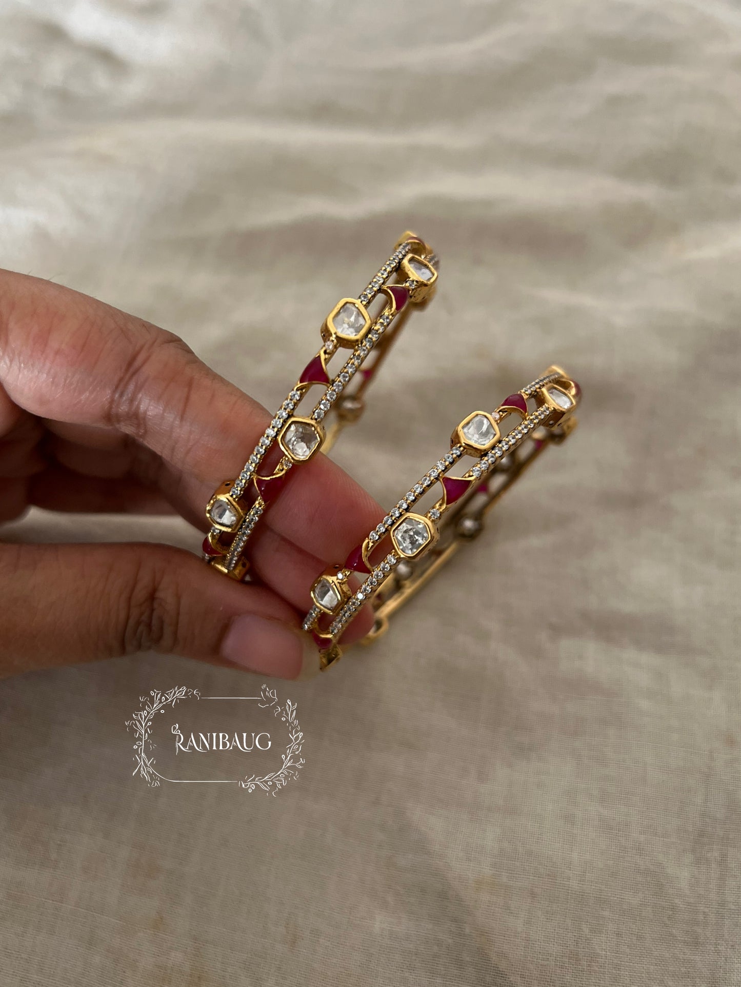 Sanchi Designer Mossainite Polki Studded Premium Gold Finish Two Line Bangle Jewelry By Ranibaug