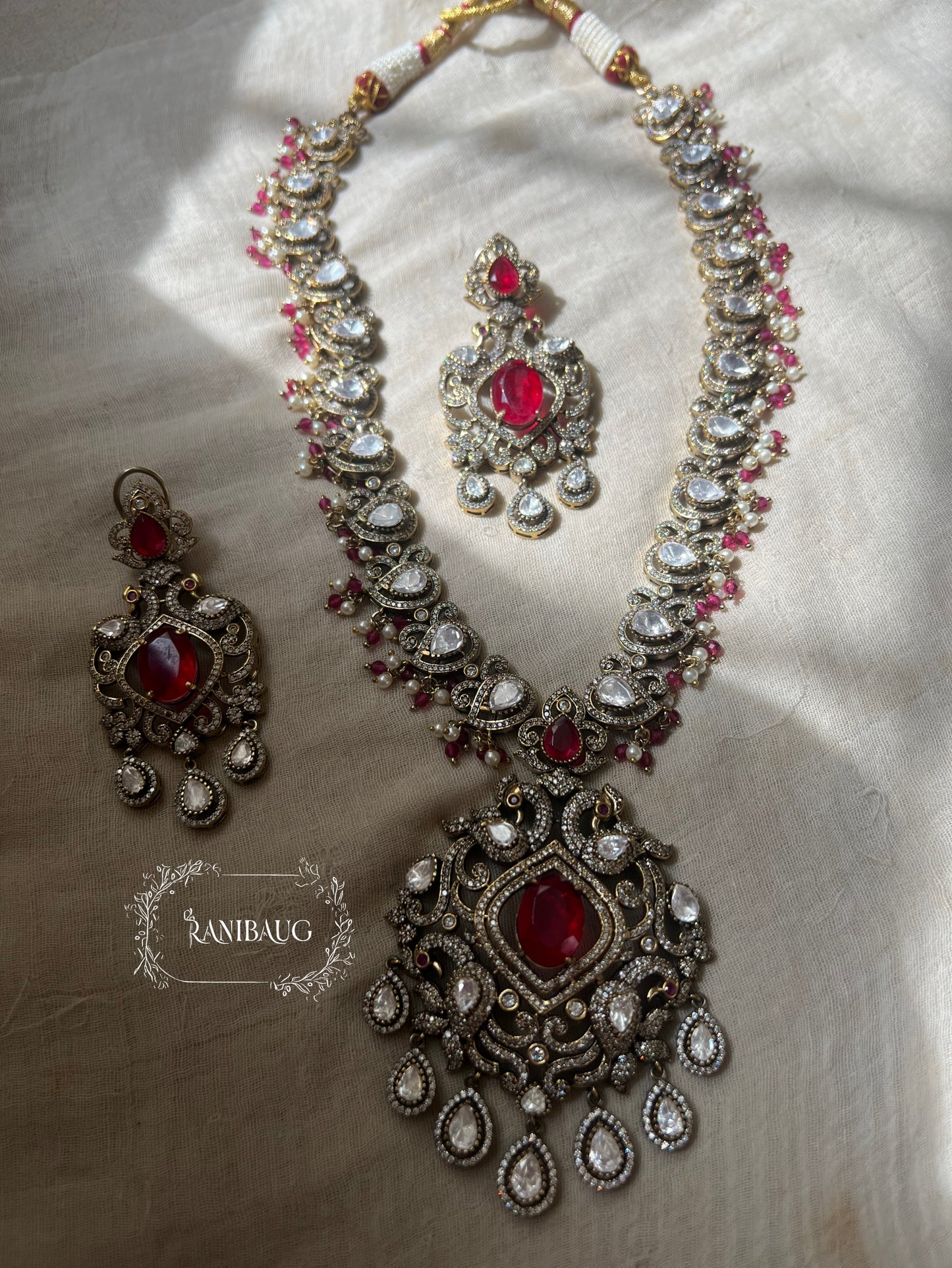Sanishta Victorian Necklace Set With Polki Kundan Studs Emerald Ruby Stones By Ranibaug