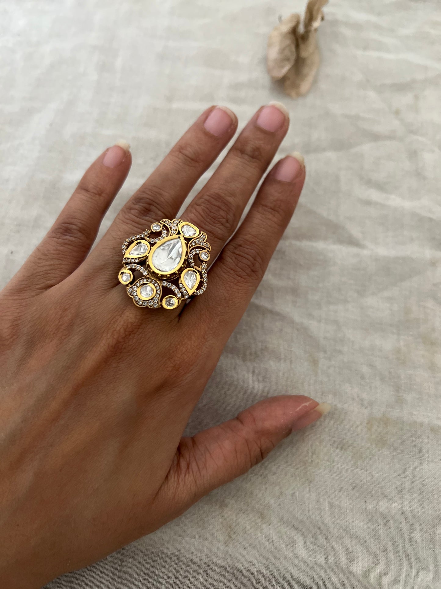 Sargam Peacock Motif Gold Finish Teardrop Kundan Ring Jewelry By Ranibaug