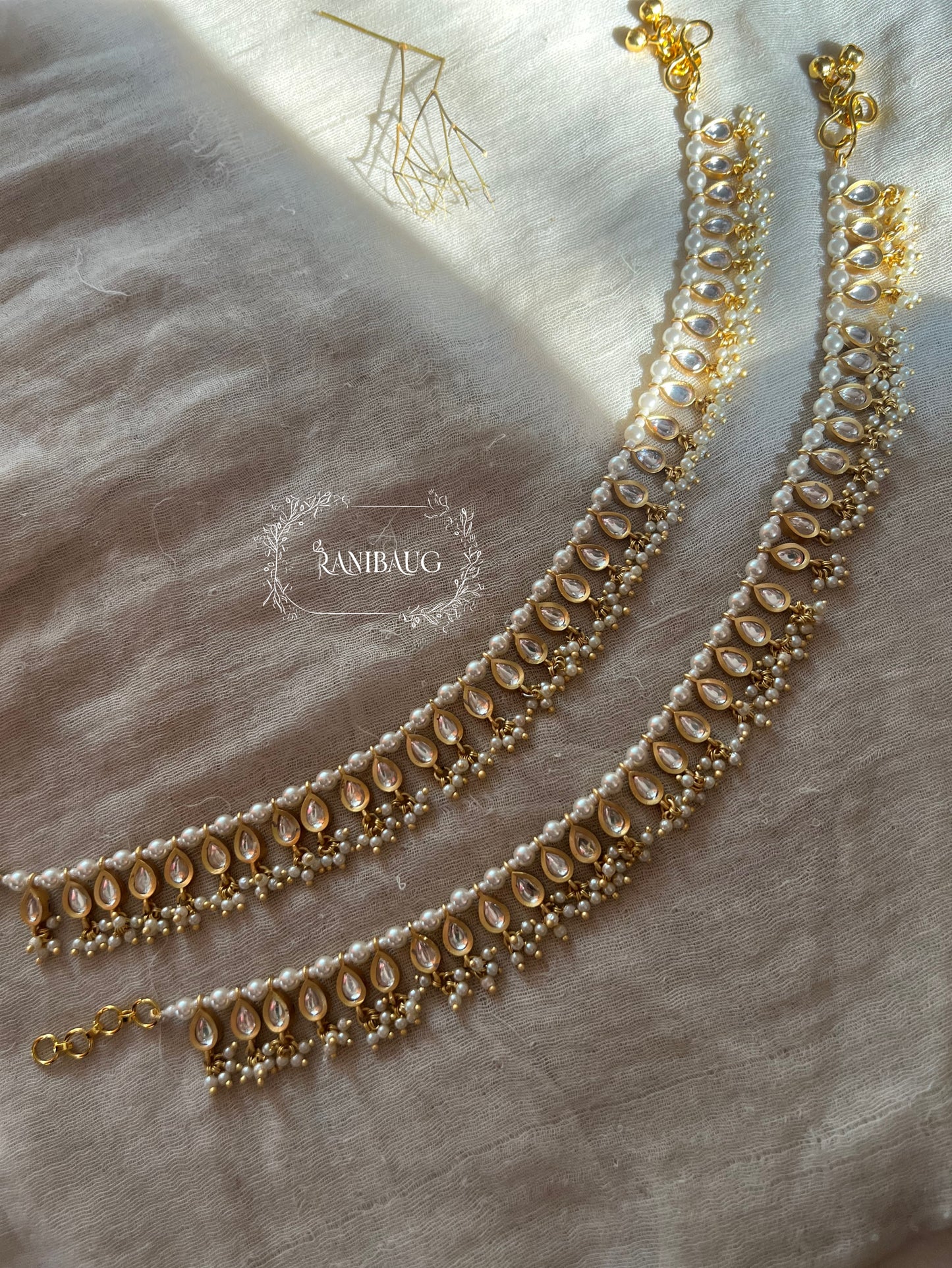 Sarla Teardrop Polki Gold Plated Ankle Chain Adorned With Pearl Fringe Perfect Choice Of Payal For Saree By Ranibaug