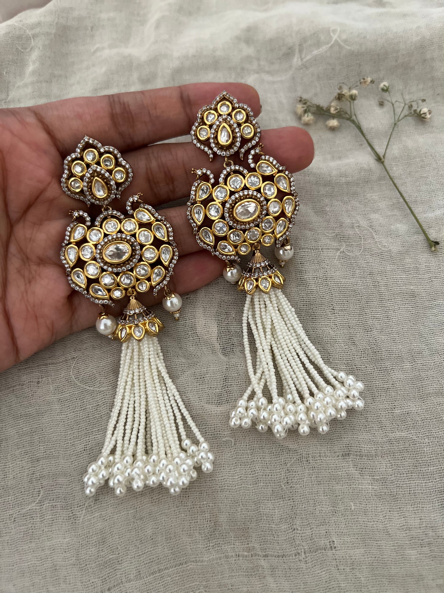 Shagun Kundan Pearl Tassel Hanging Earrings | Ranibaug