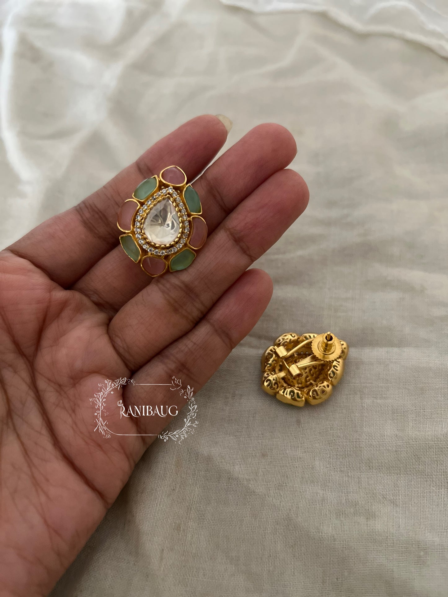 Shalika Pastel Gemstone Polki Studded Gold Finish Teardrop Kundan Ear Studs By Ranibaug