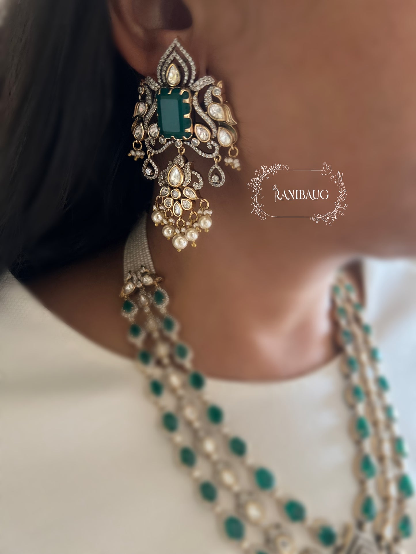 Sharanya Peacock Motif Victorian Finish Polki Kundan Studded Ruby And Emerald Color Long Necklace Set By Ranibaug | 3 Layered Necklace Set