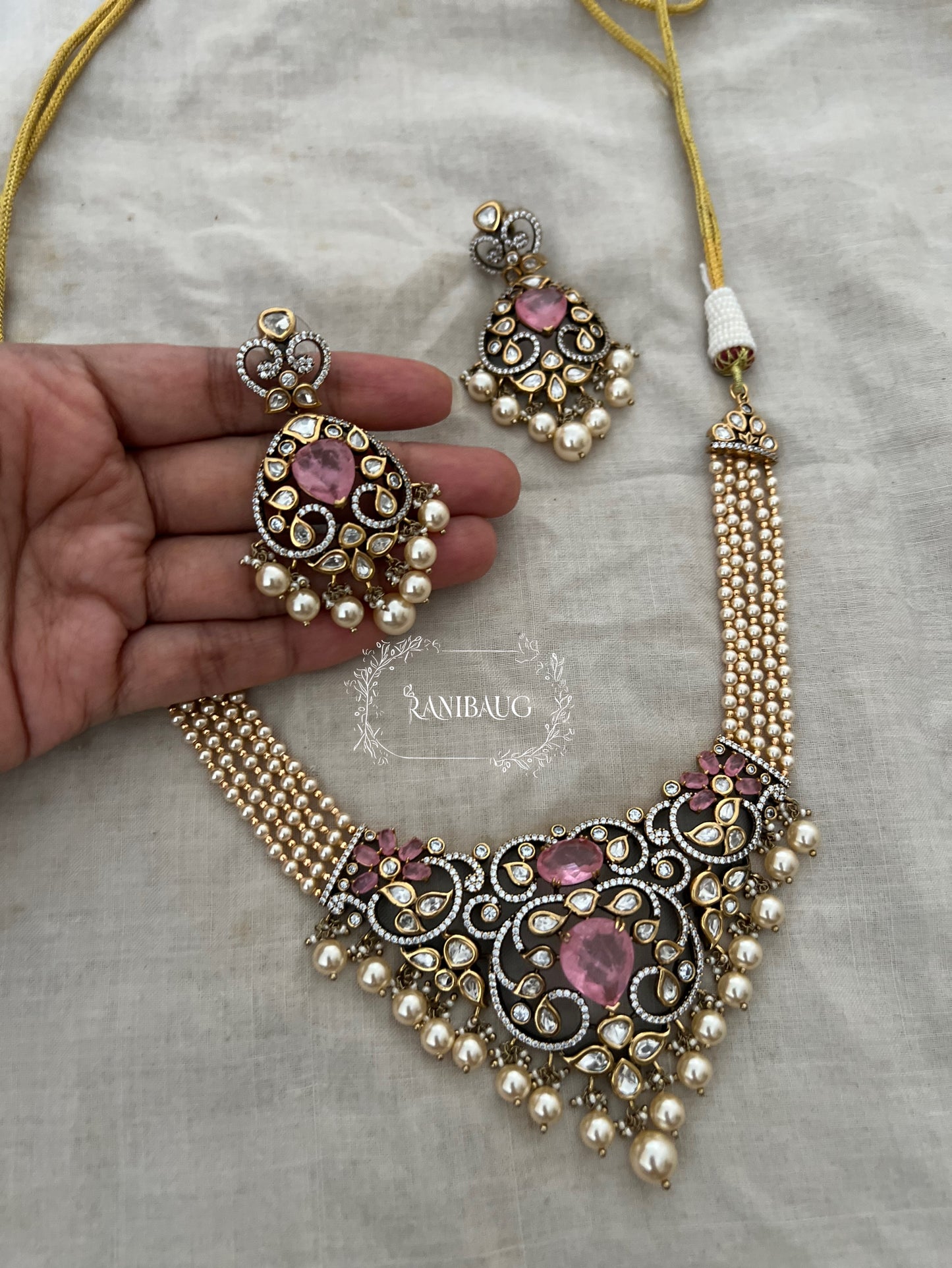 Sharvani Gold Leaf Vines Polki Studded Creamy Pearls Adorned Royal Bespoke Statement Jewellery Set By Ranibaug