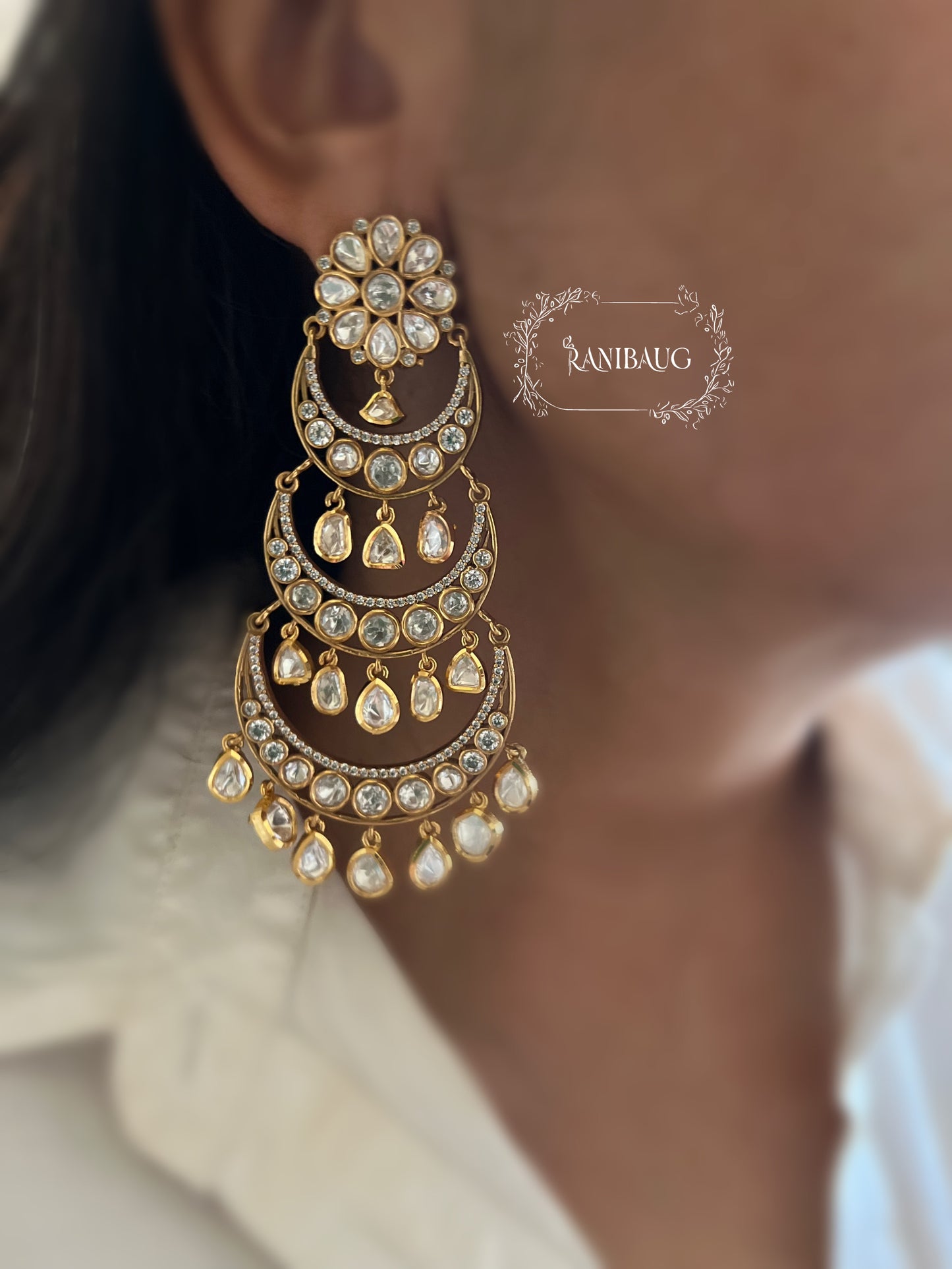 Sharvari Polki Kundan Drops Floral Layered Long Chandbali Earrings By Ranibaug