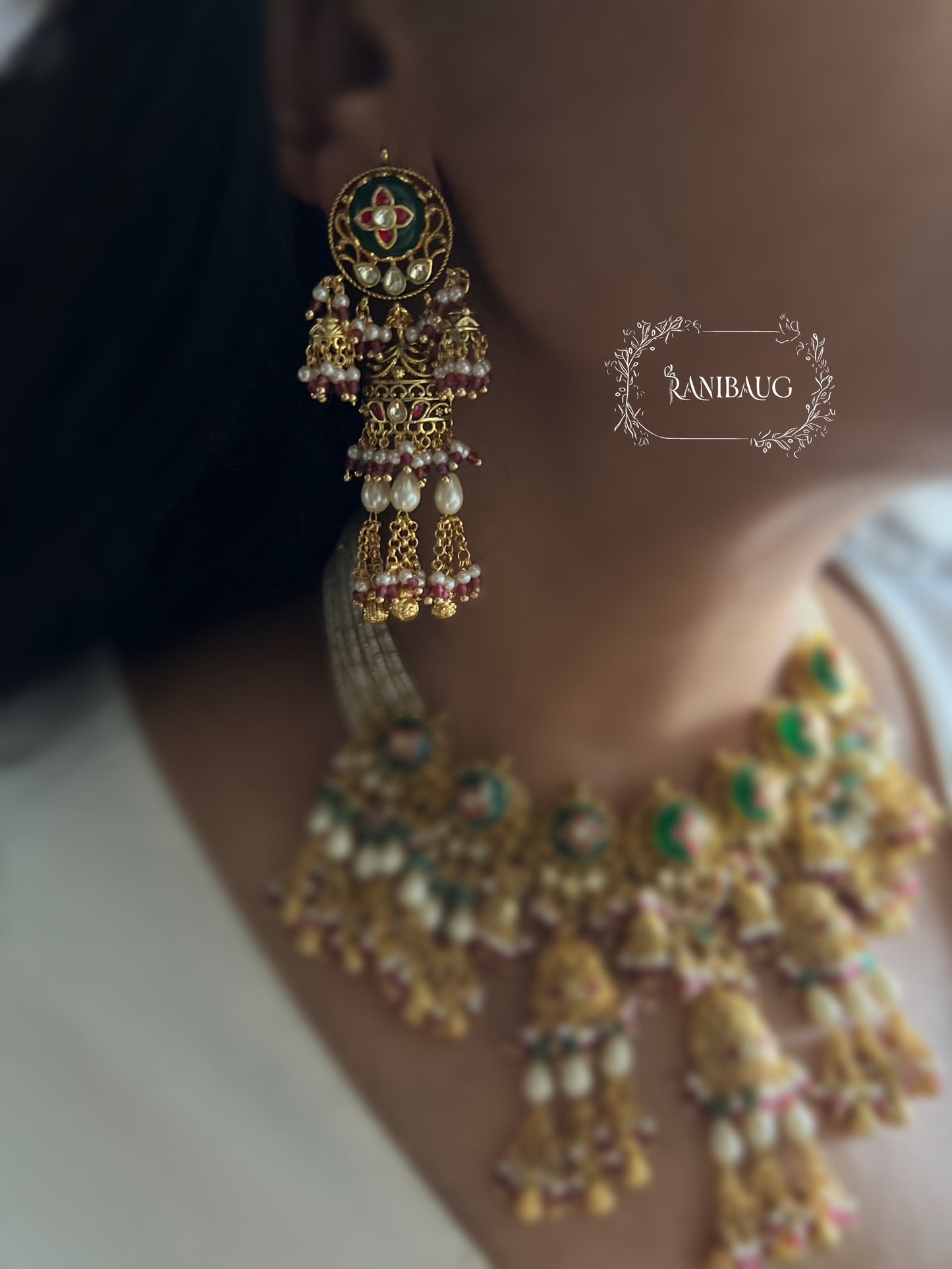 Shehnaaz Floral Motif Paachi Kundan Fine Gold Finish Pearl And Bead Fringe Dangler Highlight Heritage Necklace Set By Ranibaug