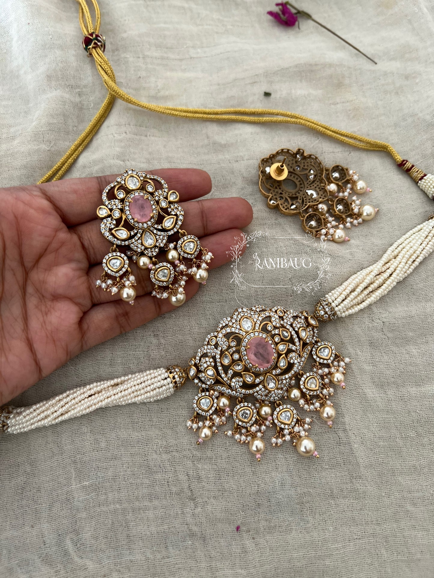 Shital Gulmohar Traditional Victorian Necklace Polki Jewellery Set With Pearls By Ranibaug