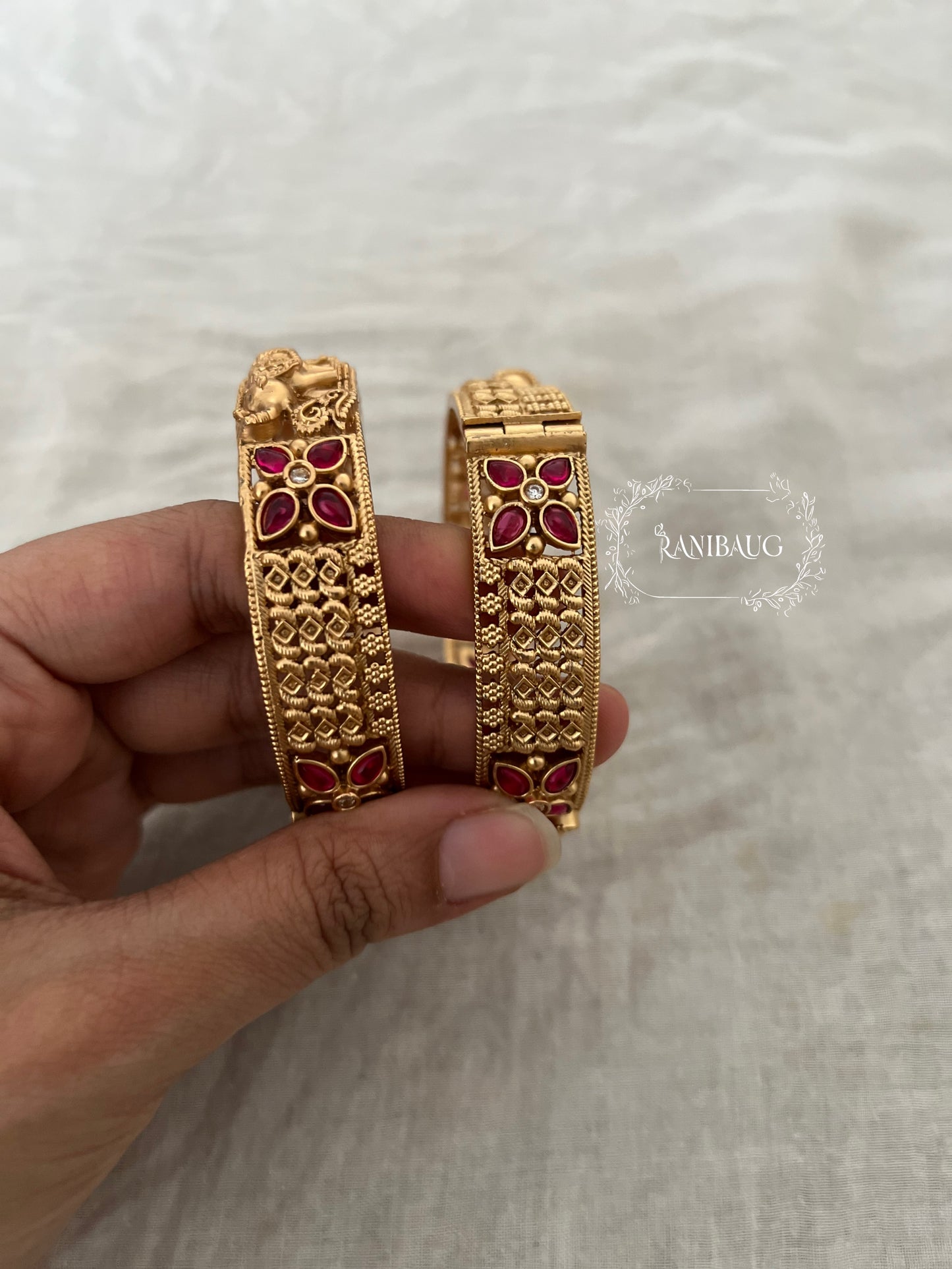 Shree Elephant Design Thin Premium Gold Finish Bangle By Ranibaug