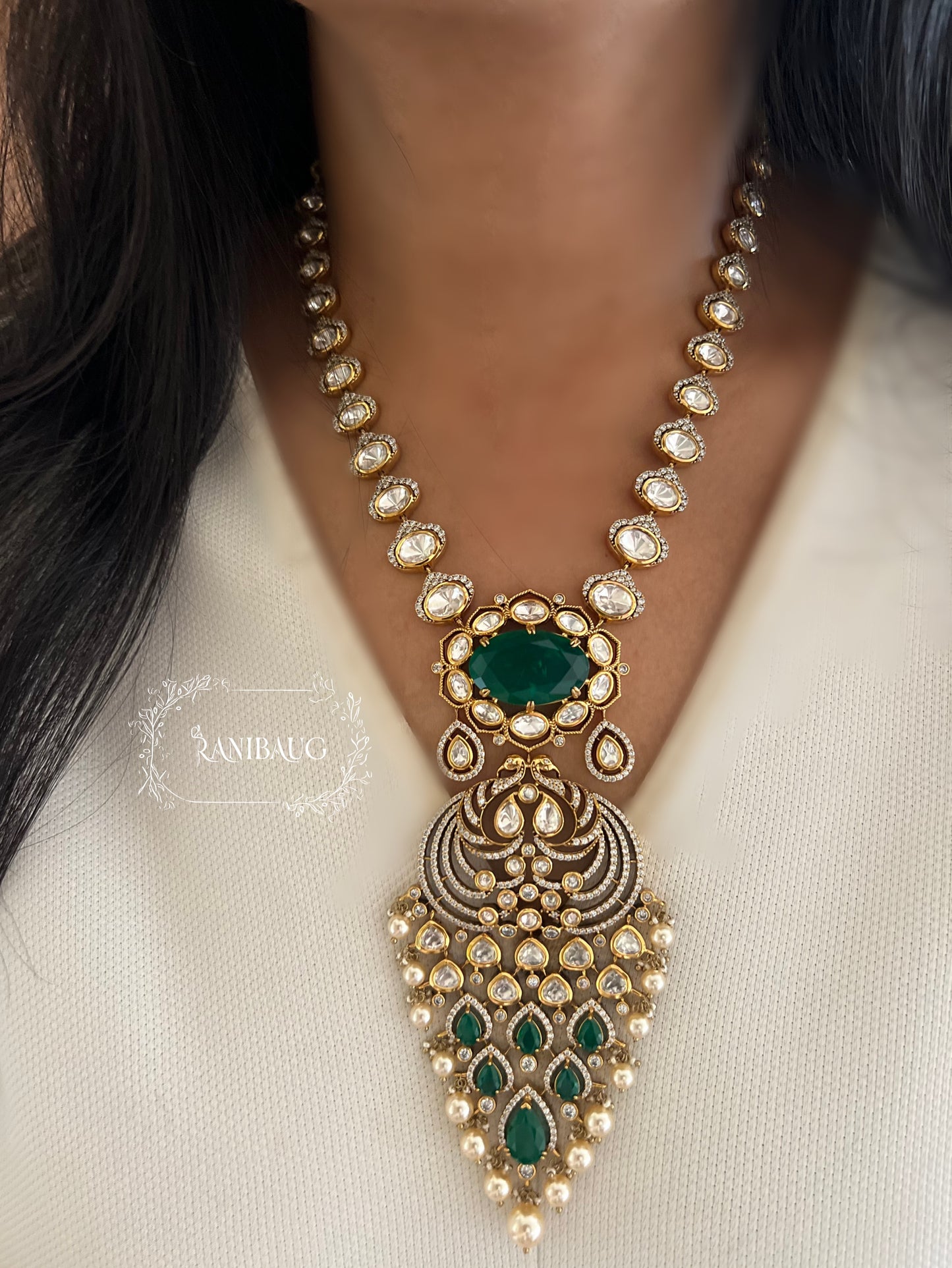 Shreeja Peacock Motif Vintage Mossainite Gemstone Long Victorian Necklace Jewellery Set By Ranibaug | Jewelry Wedding Collection 2025 2026
