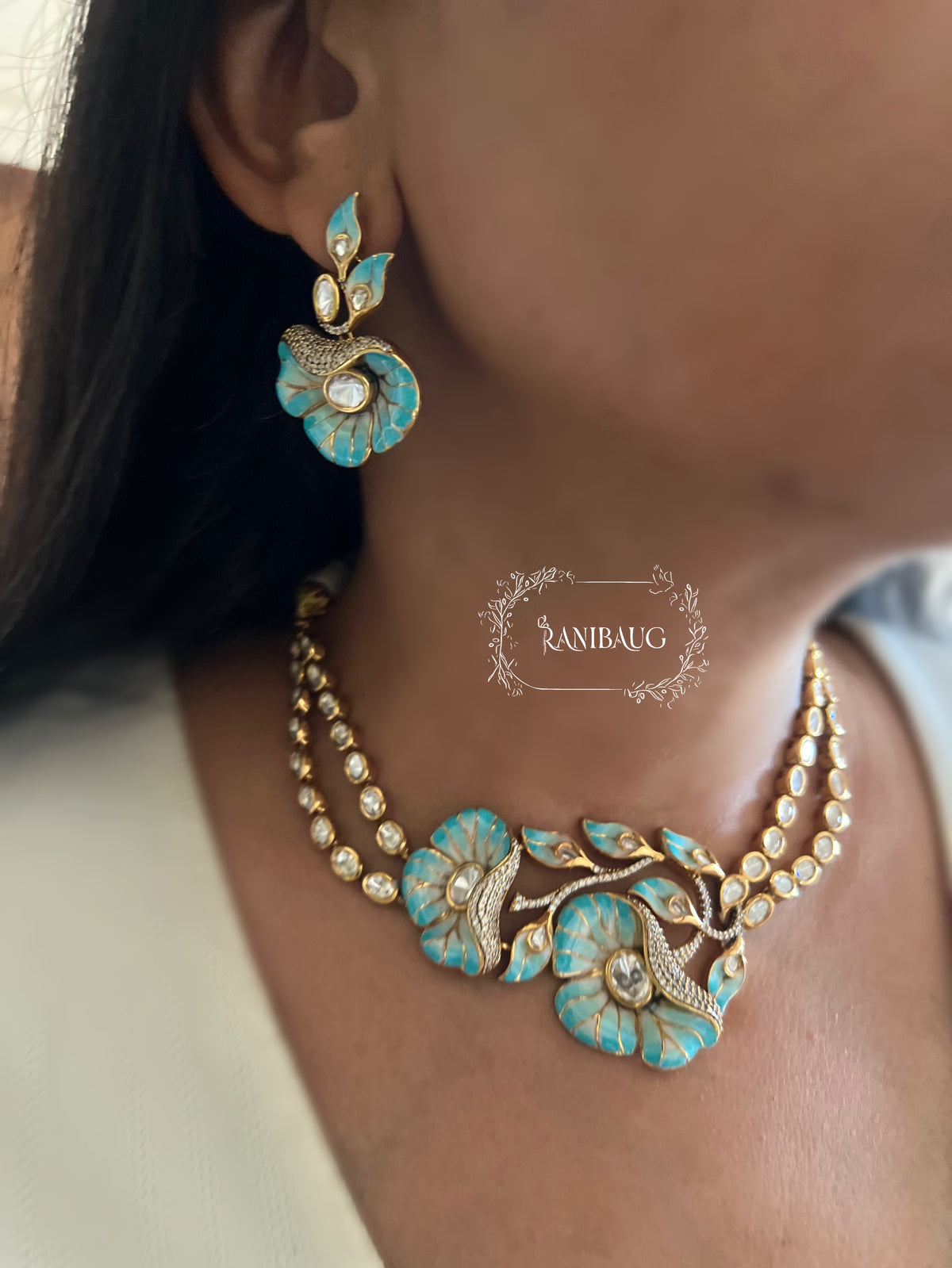 Shreshtha Enamel Floral Motif Polki Adorned Gold Finish Necklace Set By Ranibaug