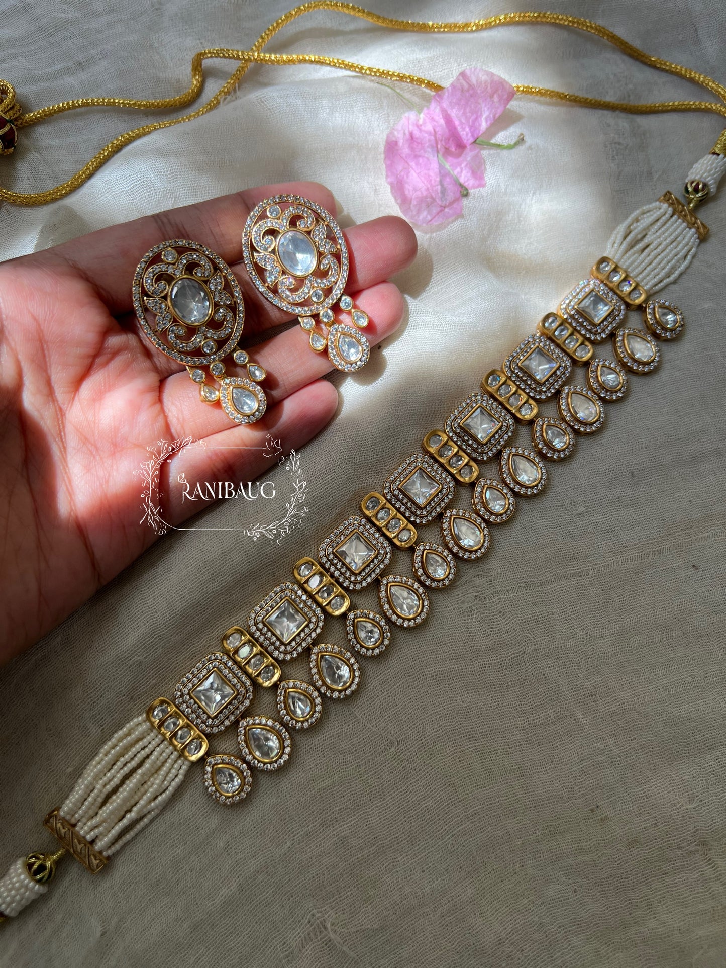 Shruti Gold Plated Polki Two Layered Chocker Jewellery Set By Ranibaug