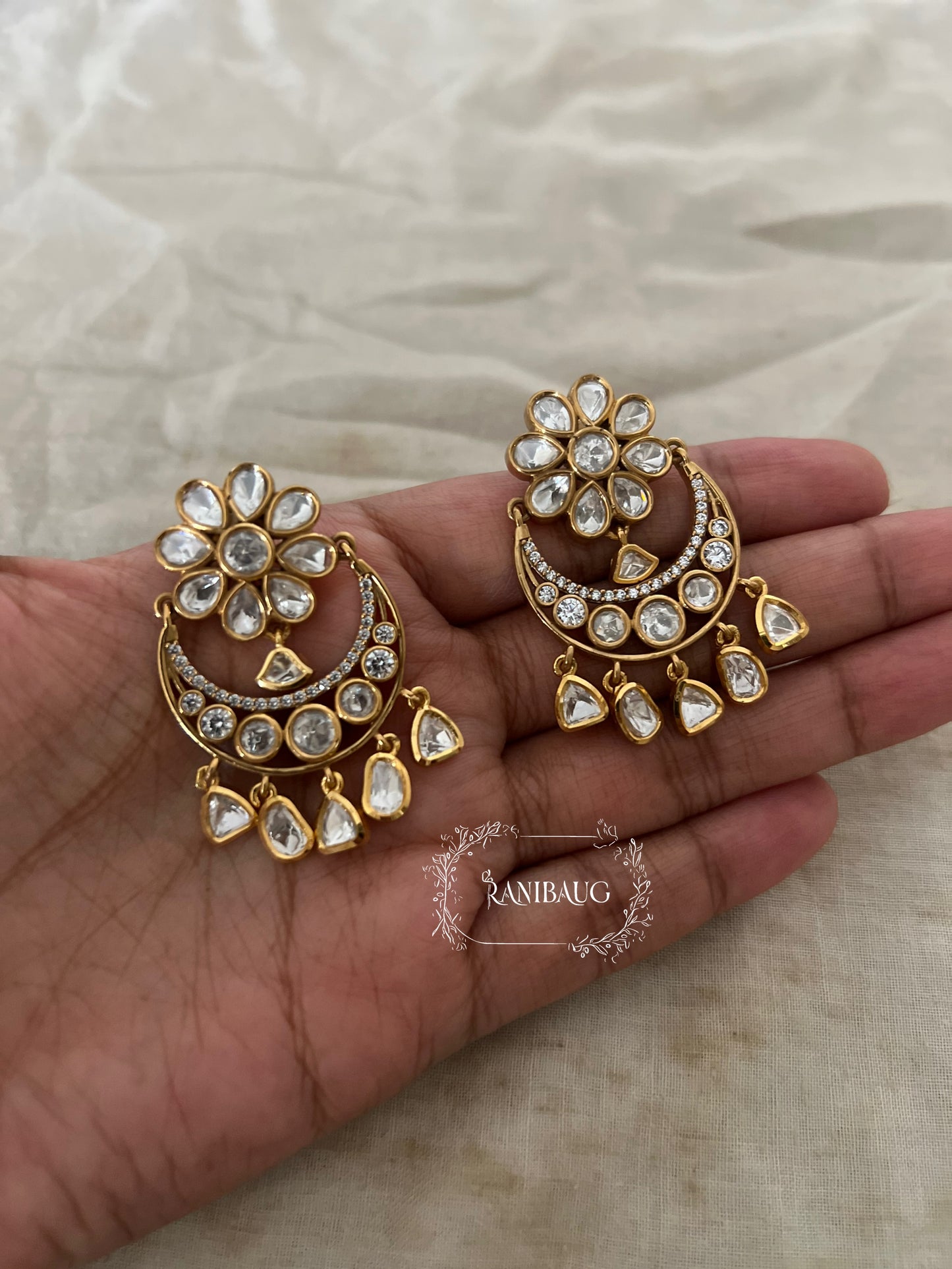 Shubhi Polki Floral Kundan Drops Small Minimal Chandbali Earrings By Ranibaug