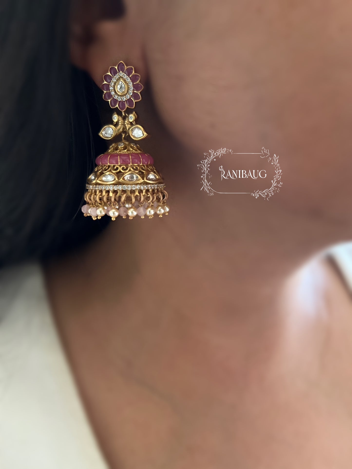 Simar Bird Motif Polki And Enamel Dangling Jhumkas In Rich Gold Finish By Ranibaug