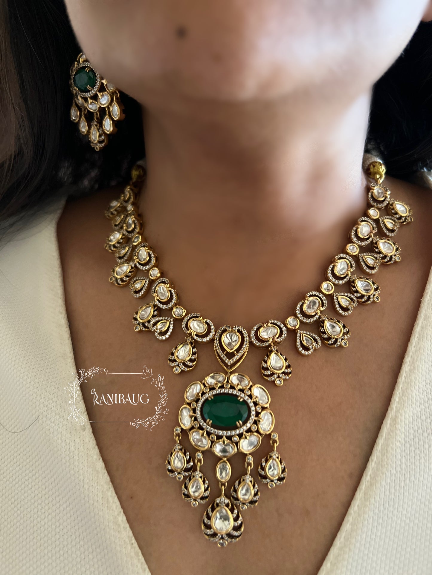 Sita Gold Finish Polki Kundan Studded With Polki Danglers Designer Necklace Set By Ranibaug