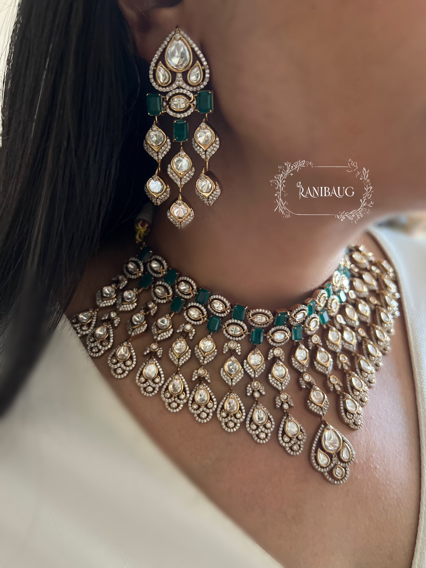Siya Royal Green Cascade Victorian Polki Bridal Necklace Jewellery Set By Ranibaug