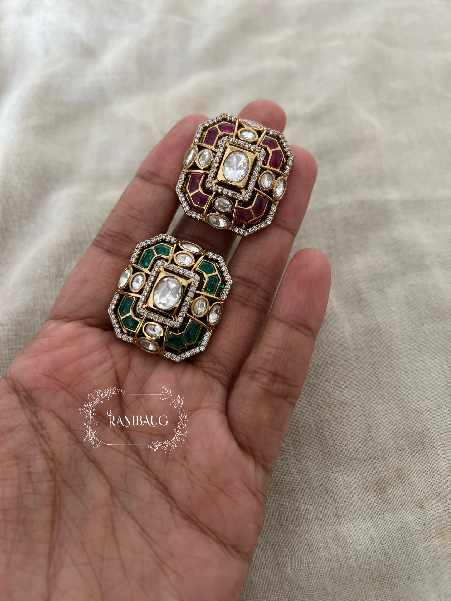 Siya Square Traditional Polki Enamel Gold Plated Festive Ring By Ranibaug