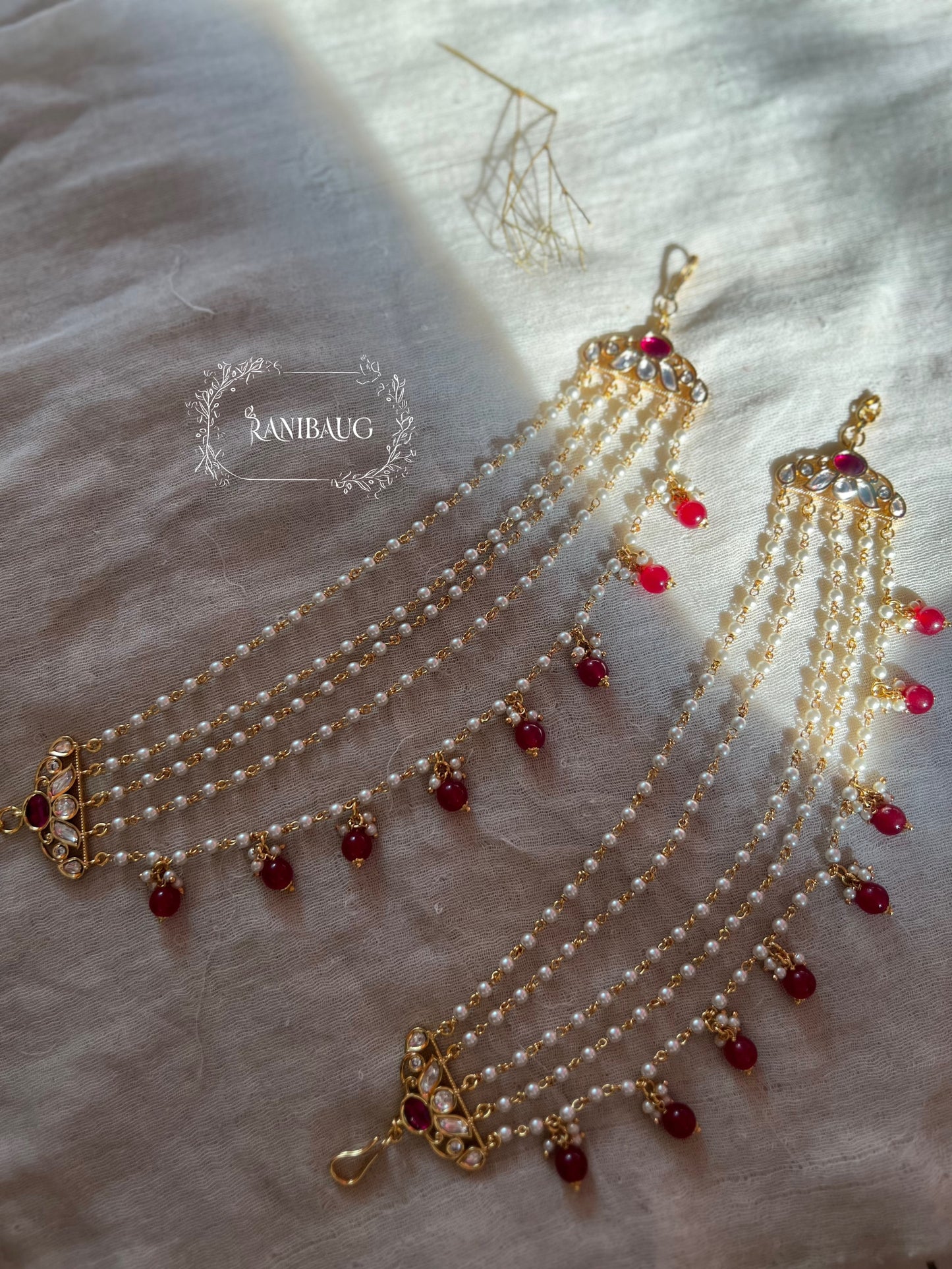 Siyara Layered Pearls In Ruby Accents Gold Finish Hair Chain Jewelry | Trendy Hair Accessories By Ranibaug