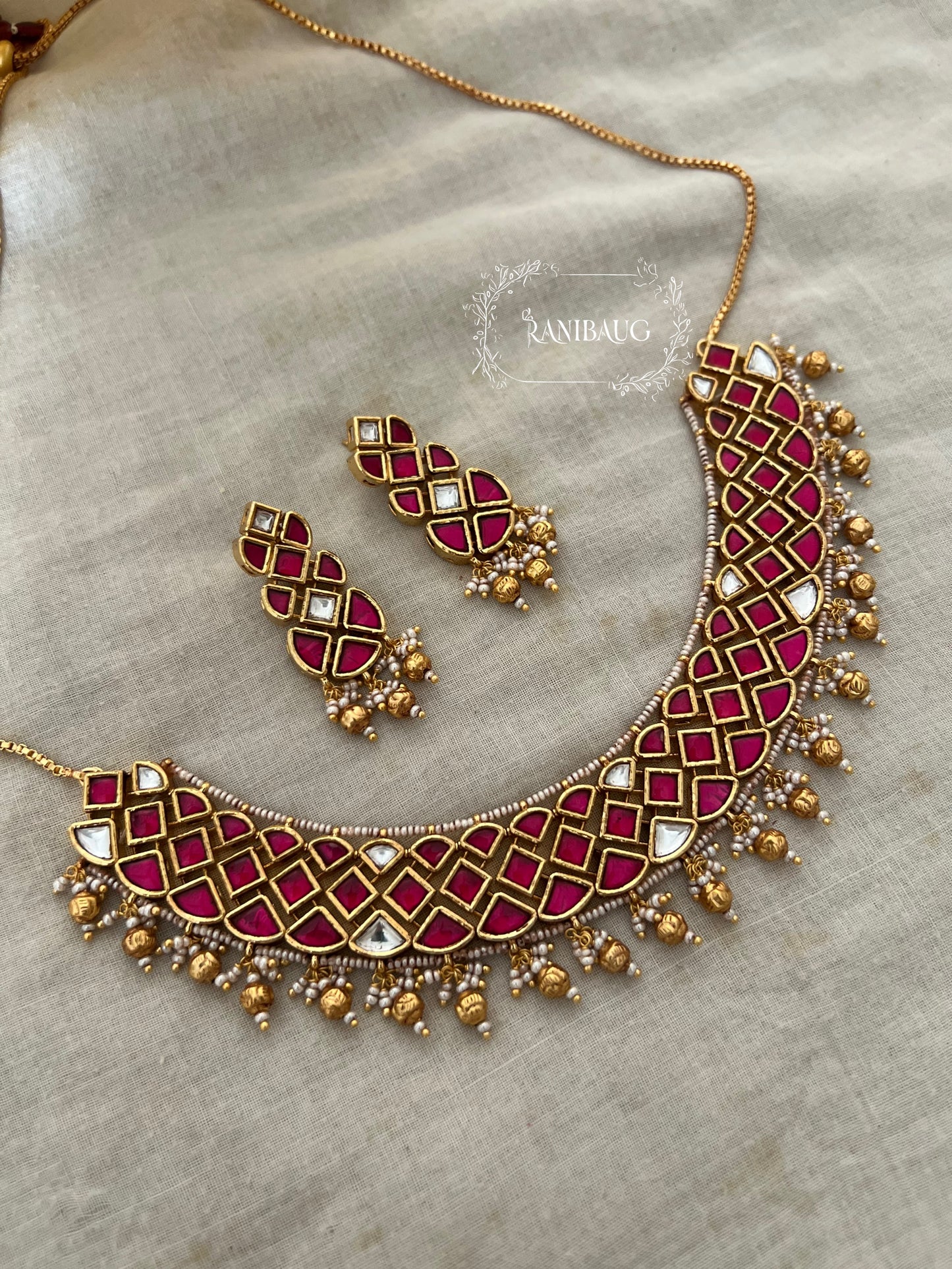 Smriti Emerald And Ruby Heritage Necklace Set In Rich Gold Plating By Ranibaug | Traditional South Indian Temple Jewellery For Women