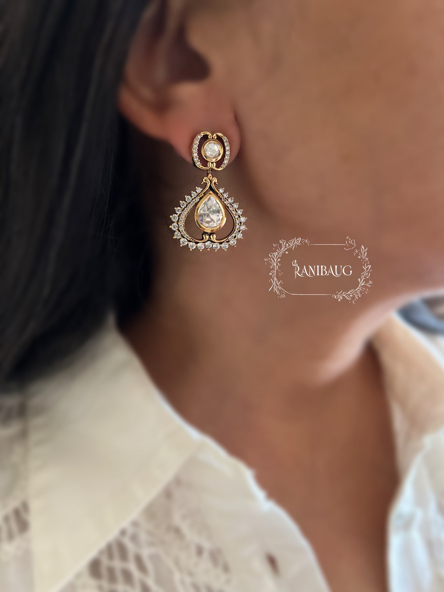 Sonam Mossainite Drop Dangle Stud Earrings In Premium Victorian Antique Gold Finish By Ranibaug | Earring Trends 2026