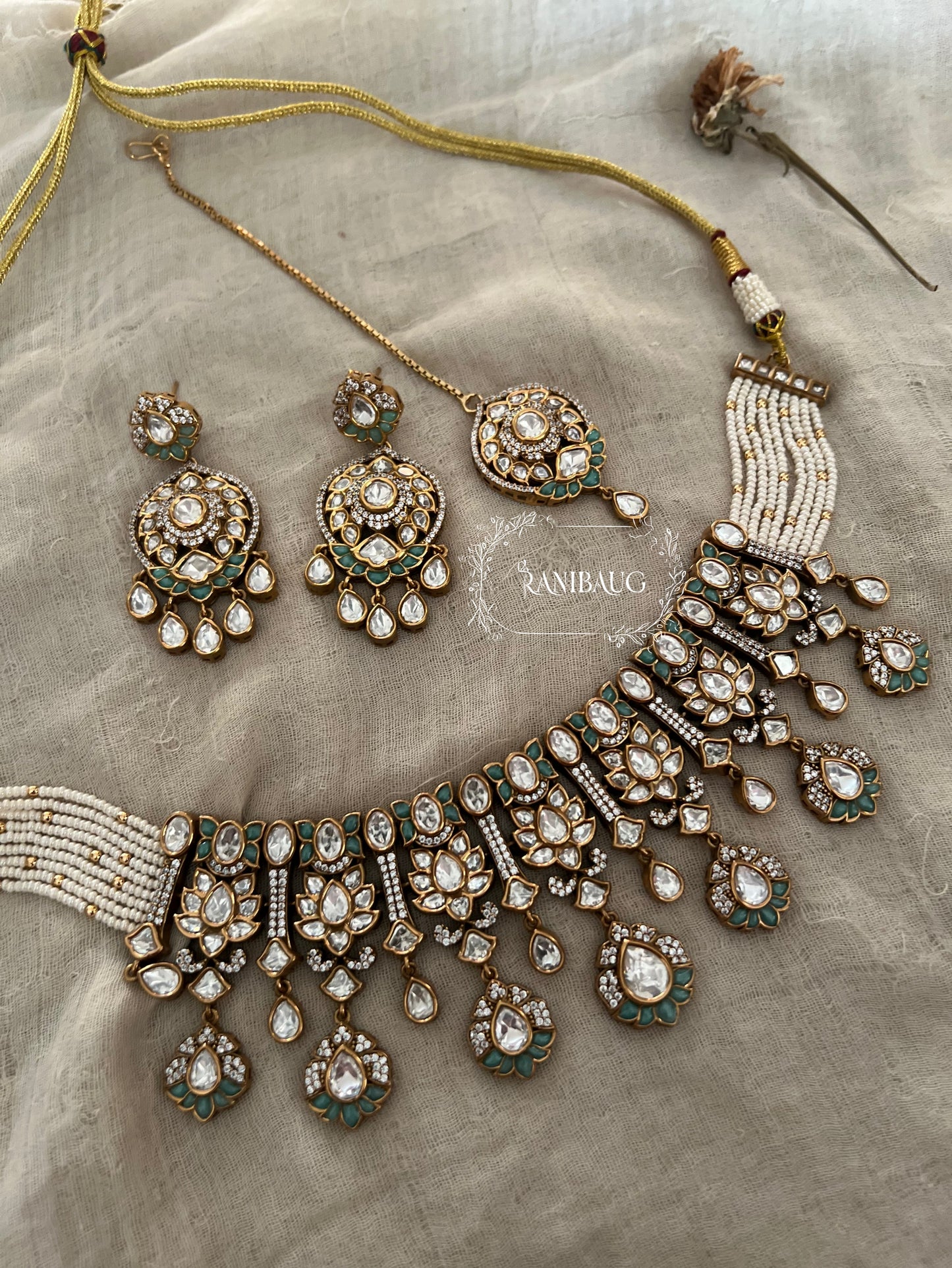 Srishti Royal Victorian Mossainite Necklace Jewellery Set With Maang Tikka By Ranibaug