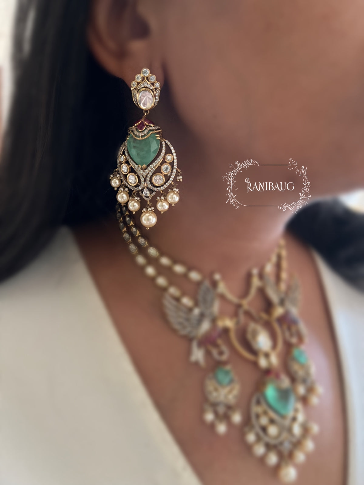 Surabhi Bird Motif Unique Royal Statement Designer Polki Gold Finish Necklace Set By Ranibaug