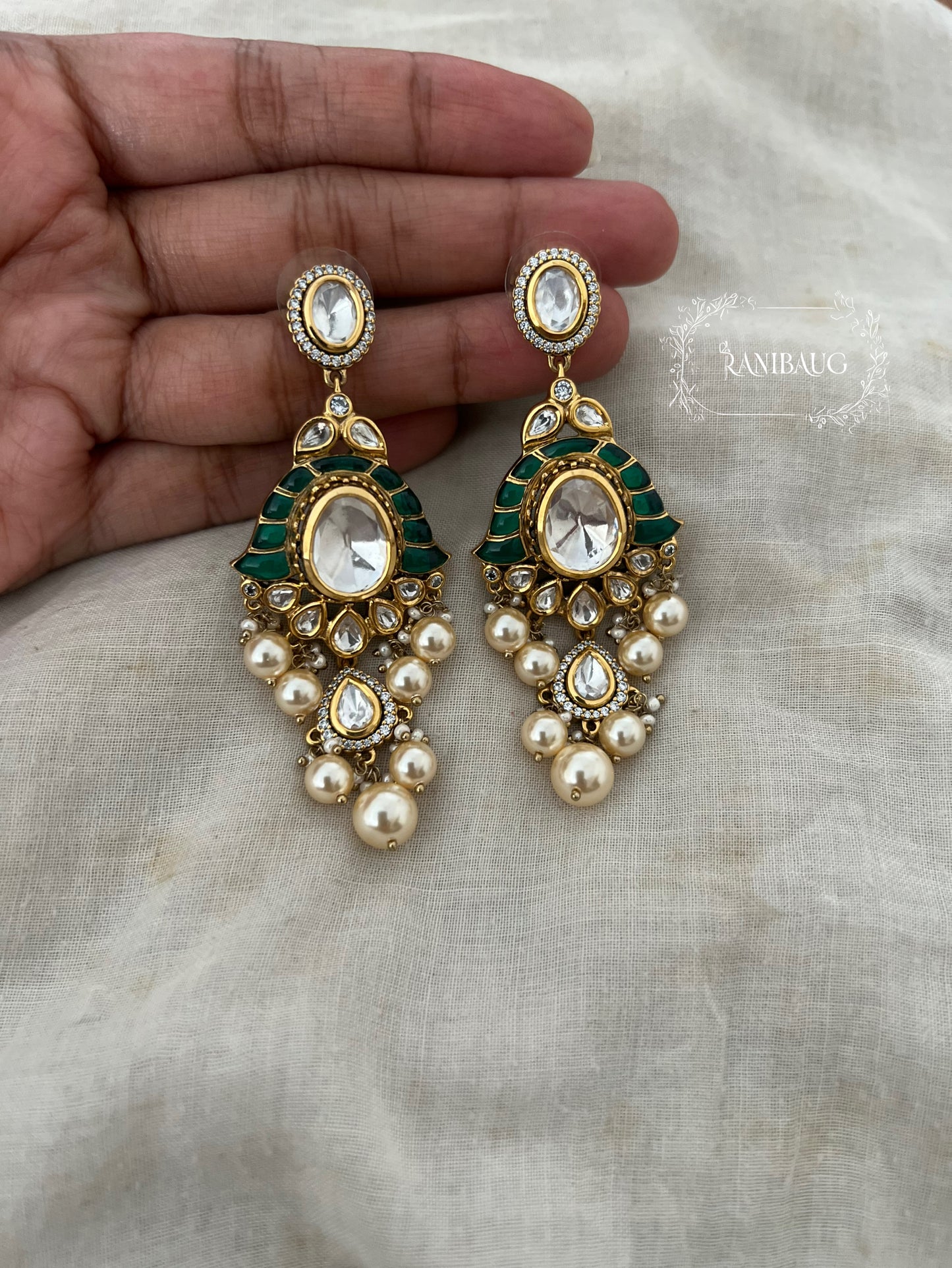 Surabhi Polki Kundan Pearl Adorned Enamel Work Gold Finish Premium Earrings Jewelry By Ranibaug
